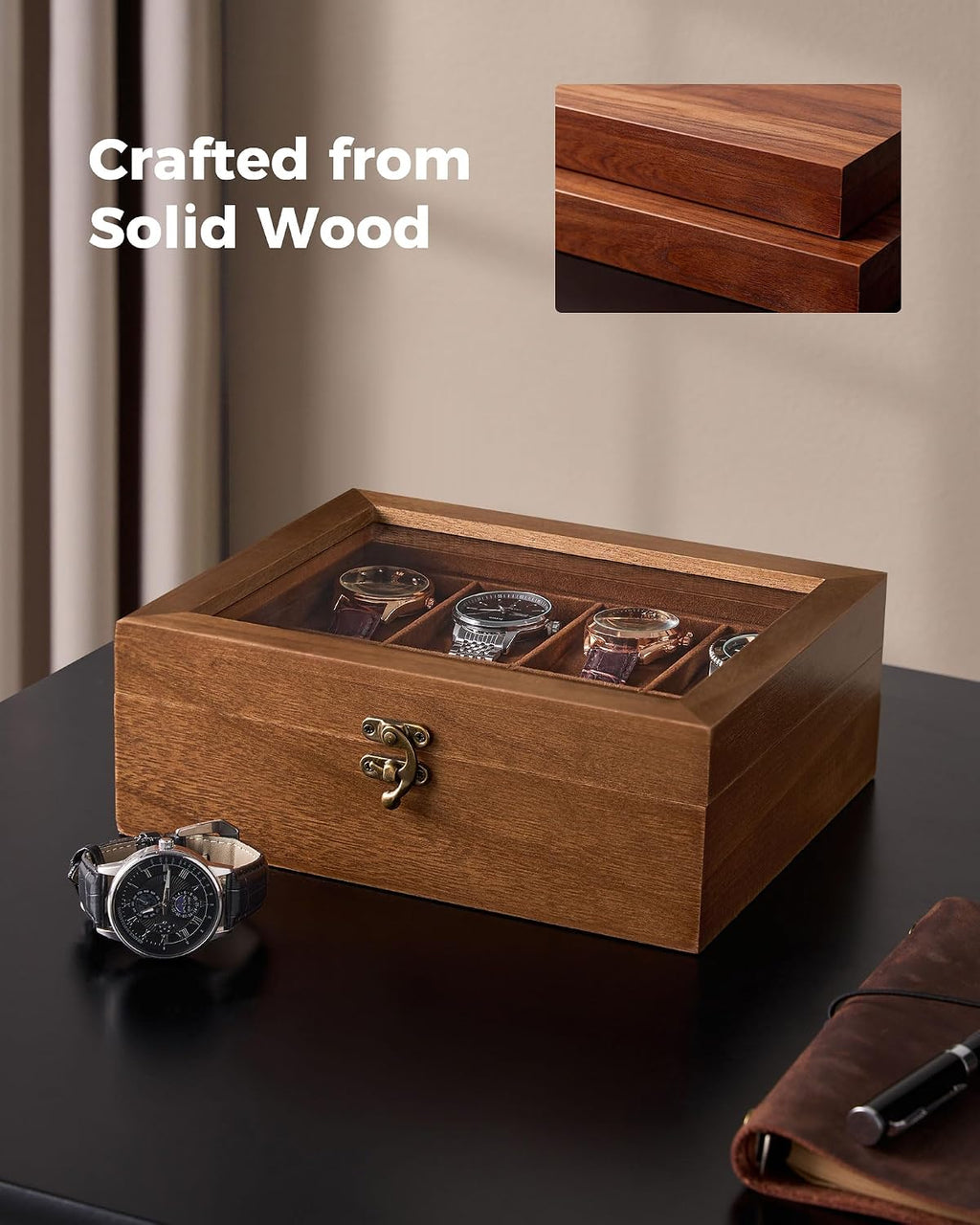 8 Slot Wooden Watch Display Case With Glass Lid, Organizer | Elegant Wooden Watch Box With Glass Lid And Soft Lining