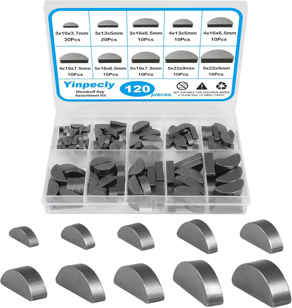 120pcs Woodruff Key Assortment Kit, 10 Sizes Half Moon Keys