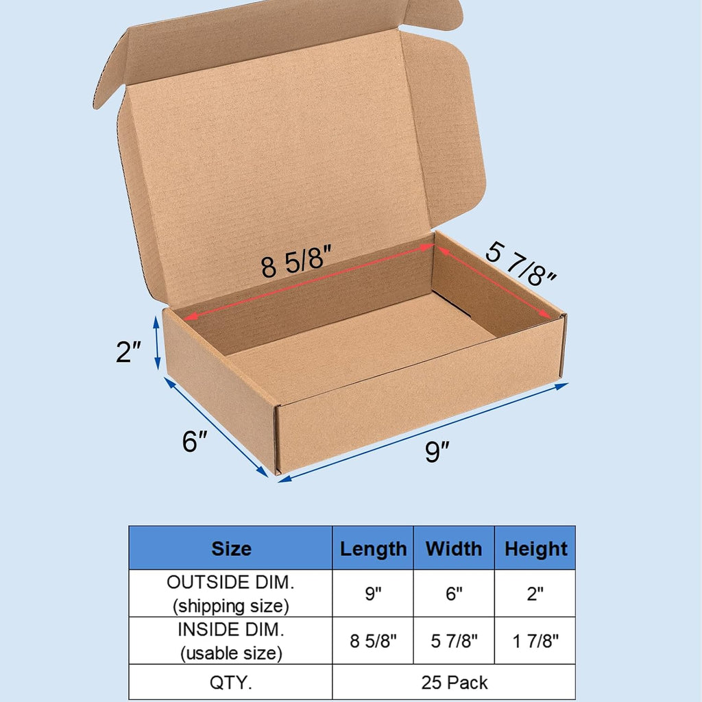 Shipping Boxes 9x6x2" 25 Pack Brown Corrugated Cardboard Box