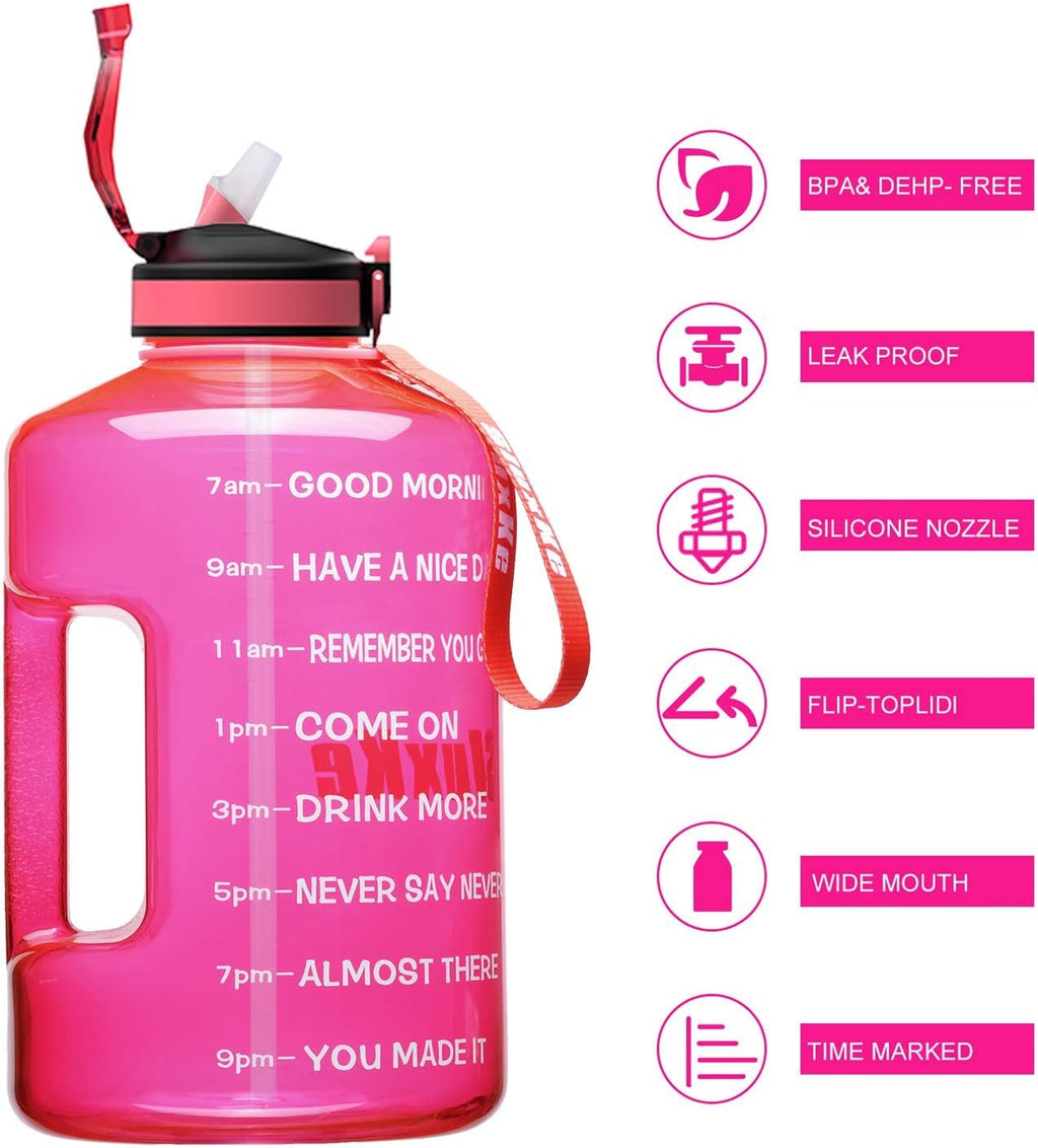 1 Gallon Motivational Sports Water Bottle with Time Marker, BPA Free 128oz Leak Proof Jug, Black, Plastic, 128