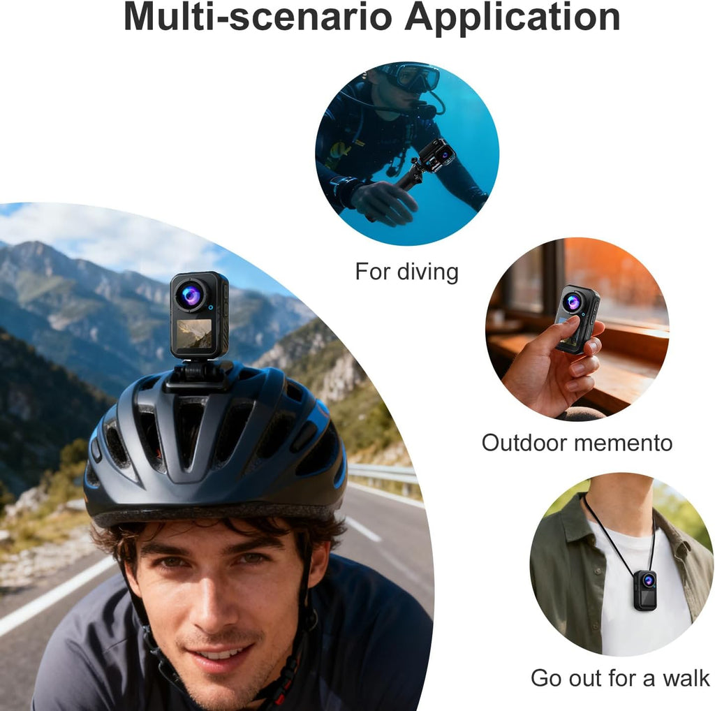 4K Mini Action Camera, EIS Stabilization, 130° Wide Angle, Dual Touchscreen, Pre-Record, Waterproof for Vlogging