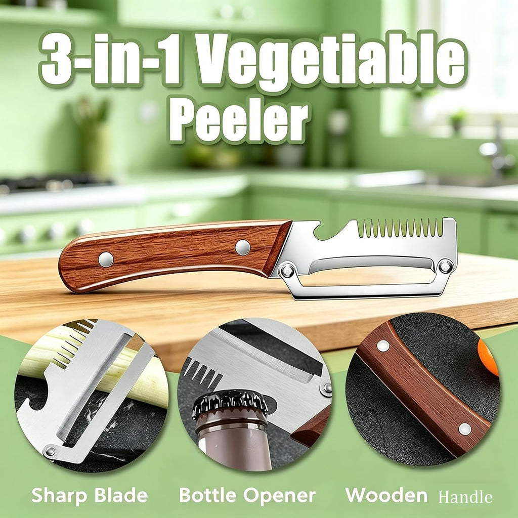 2026 Upgraded Multi-Functional Vegetable Peeler, Premium Peeler with Wooden Handle & Bottle Opener, Non-slip Kitchen