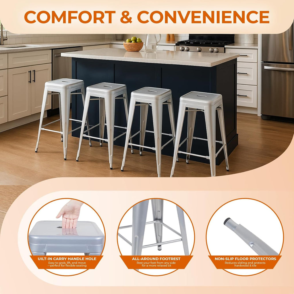 Moonlight Silver Metal Bar Stools Set of 4, 30"