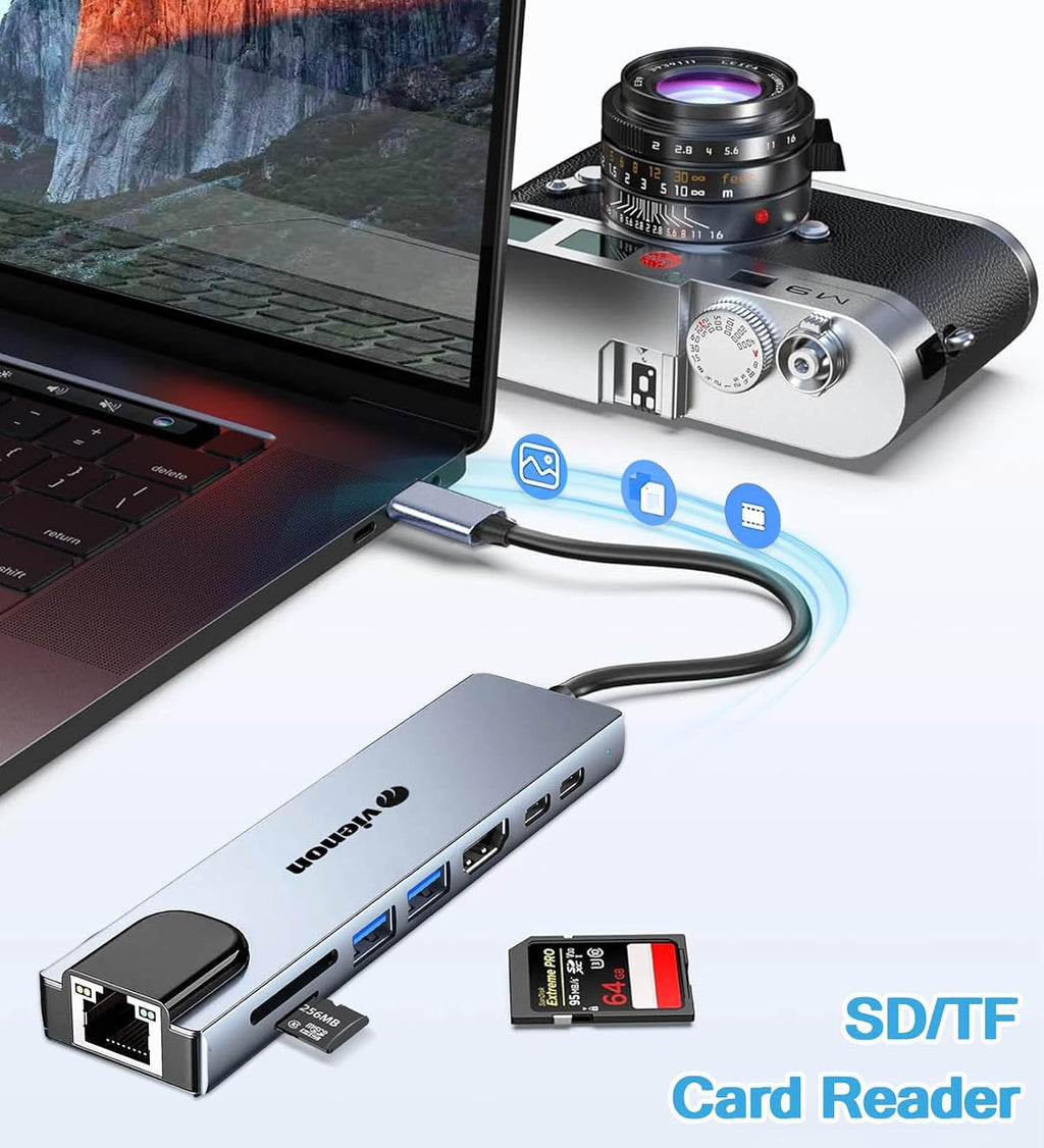 USB C Hub Ethernet HDMI Adapter, 8 in 1 Laptop Docking Station with 4K HDMI, RJ45 Ethernet 100Mbps, SD/TF Card