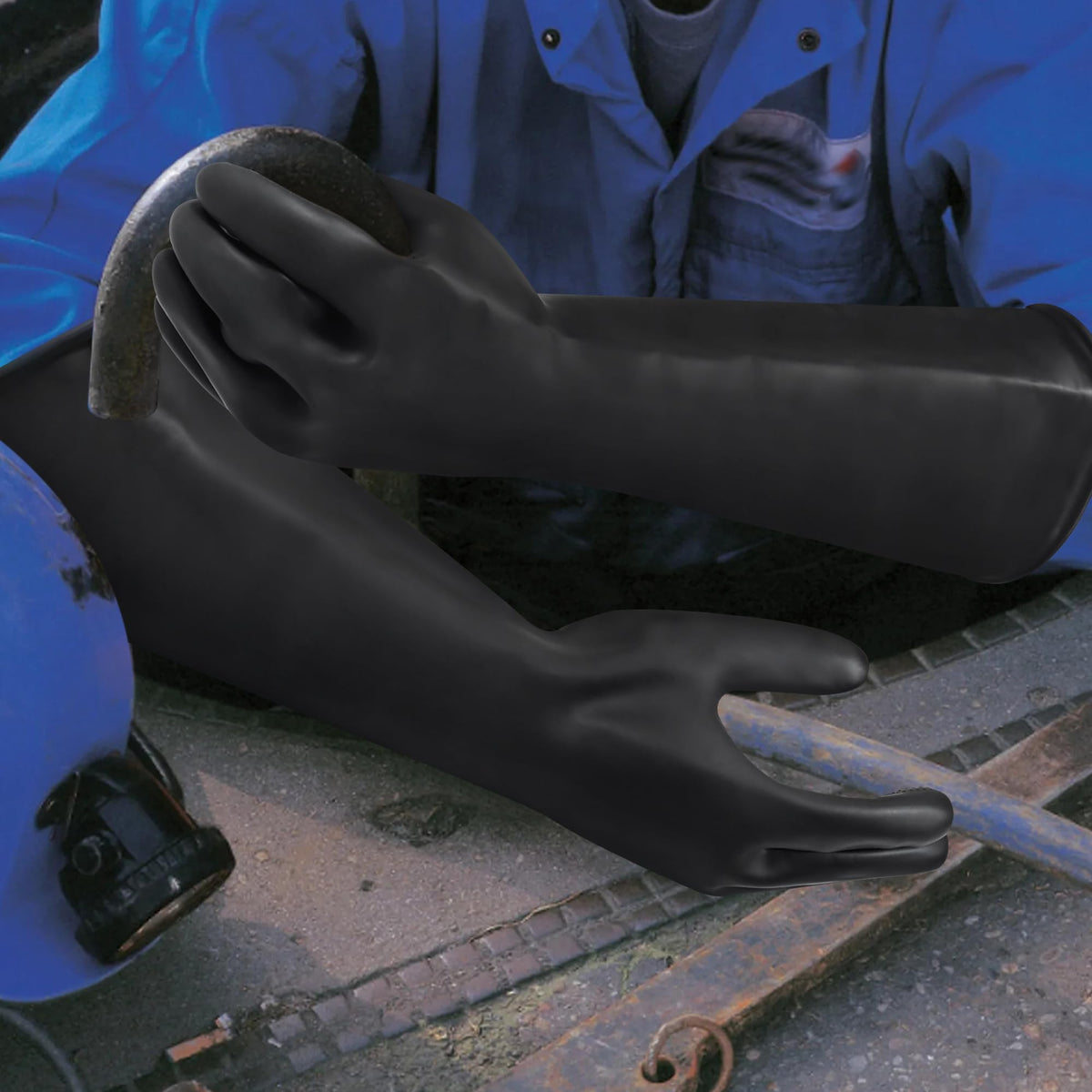 18" Chemical Resistant Gloves, Black Heavy Duty Rubber Gloves