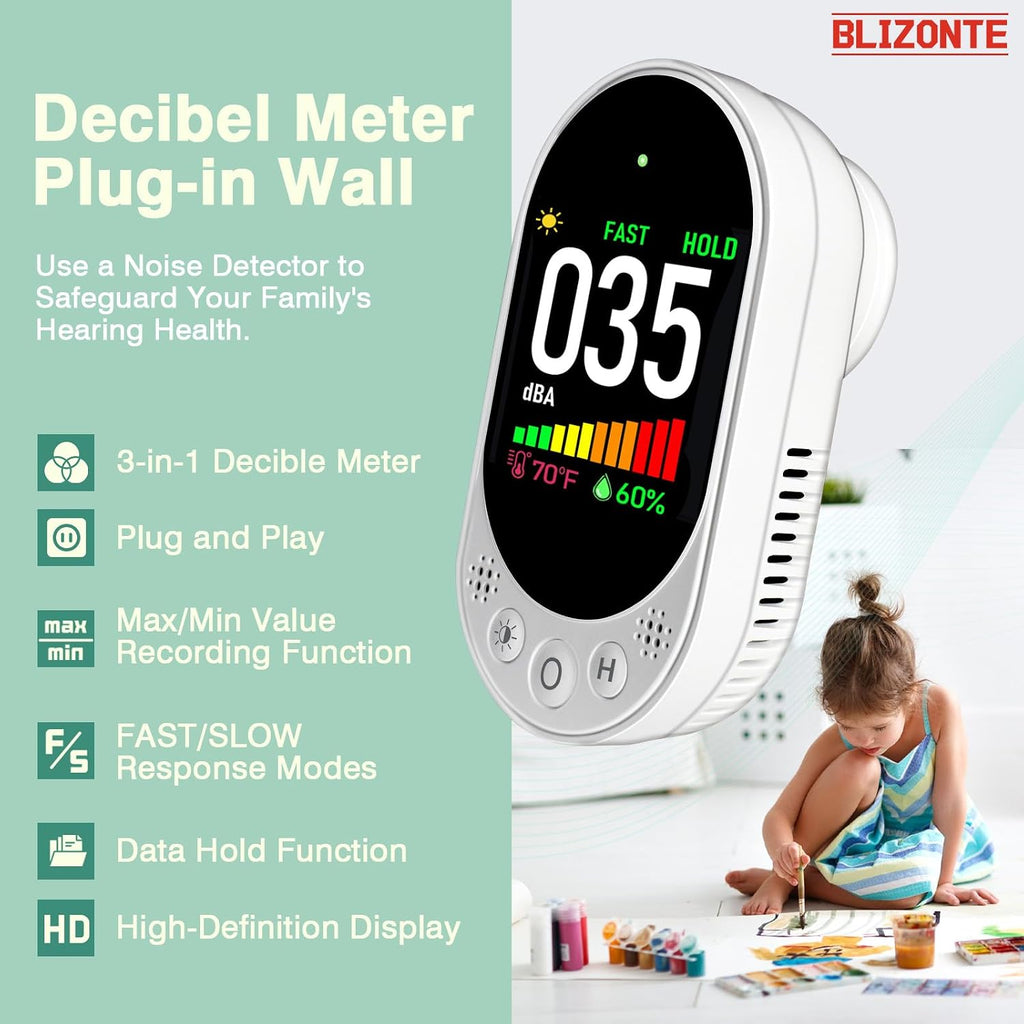 Decibel Meter Plug-in Wall, 3-in-1 Noise Detector(Noise,Temp and Humidity) with Fast/Slow Refresh Rate, MAX/MIN and Data Hold, 30–130 dBA Decibel Range for Rentals, Home, Classroom, Library