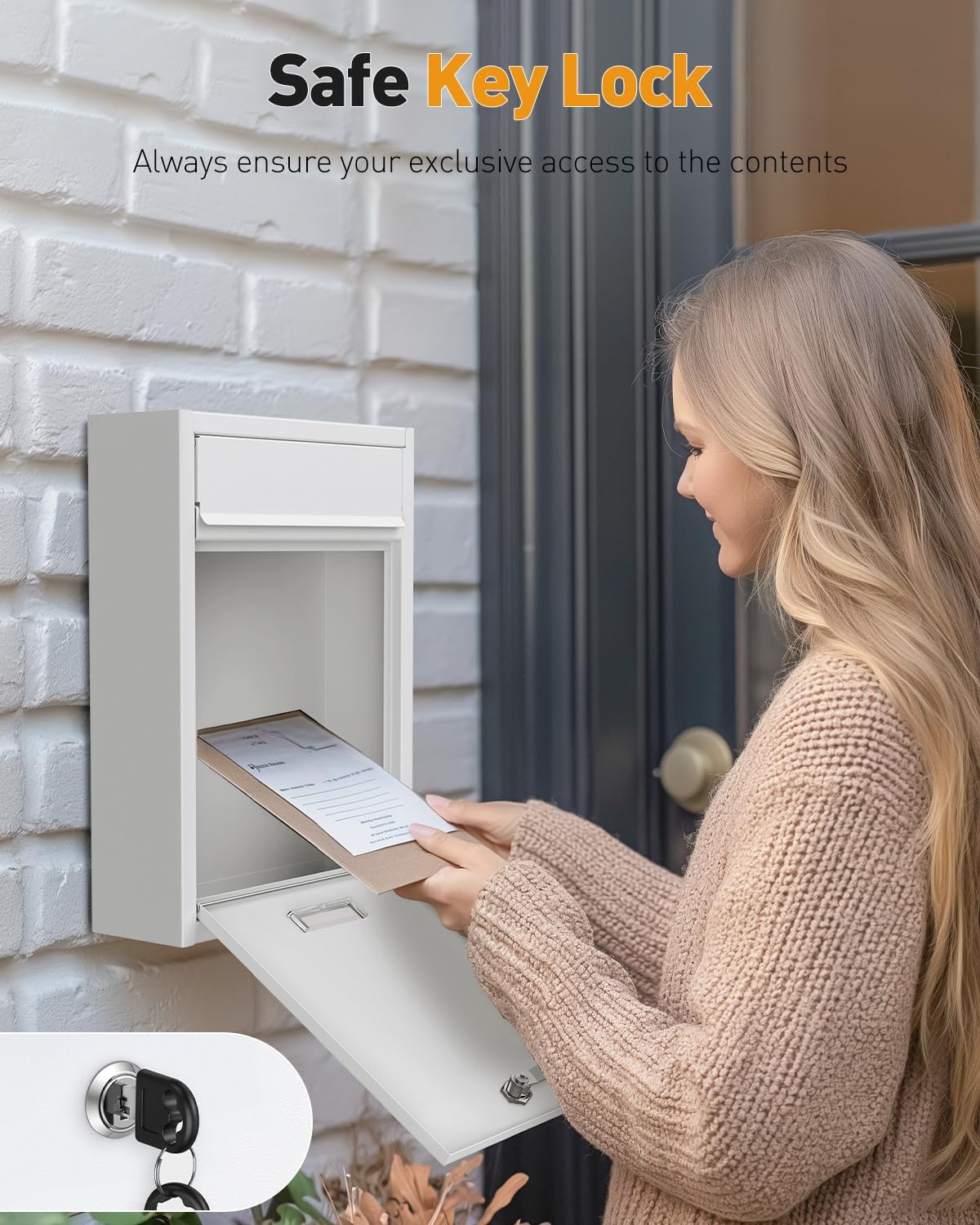 Wall Mount Mailbox for Outside, Locking Mail Box, White | Large Mailbox with Key Lock, Security Mail Box for House