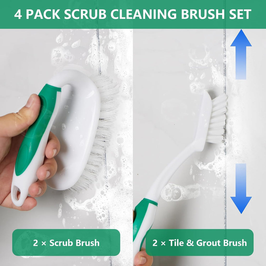 Scrub Brush Set, 4 Pack Deep Cleaning Brush Kit - 2 Scrub Brush, 2 Tile & Grout Brush with Built-in Scraper