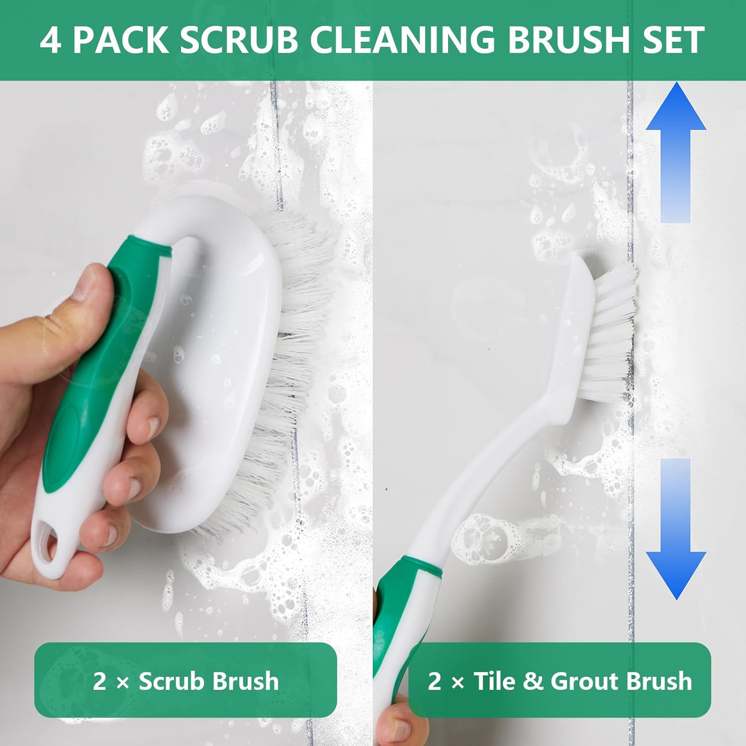 Scrub Brush Set, 4 Pack Deep Cleaning Brush Kit - 2 Scrub Brush, 2 Tile & Grout Brush with Built-in Scraper