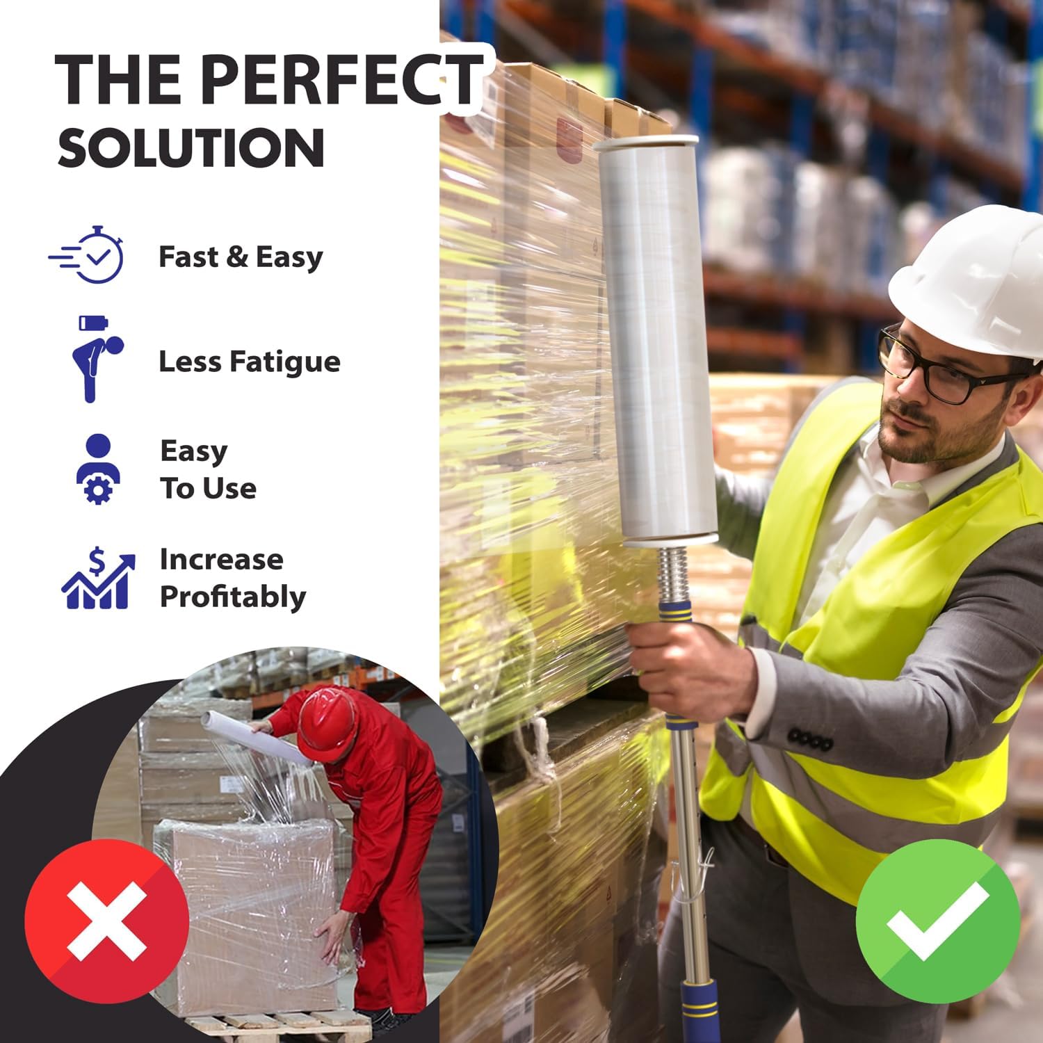 Heavy Duty Stretch Film Dispenser Pole Holder - Extra Long High Reaching Industrial Handle for Stretch Wrapping