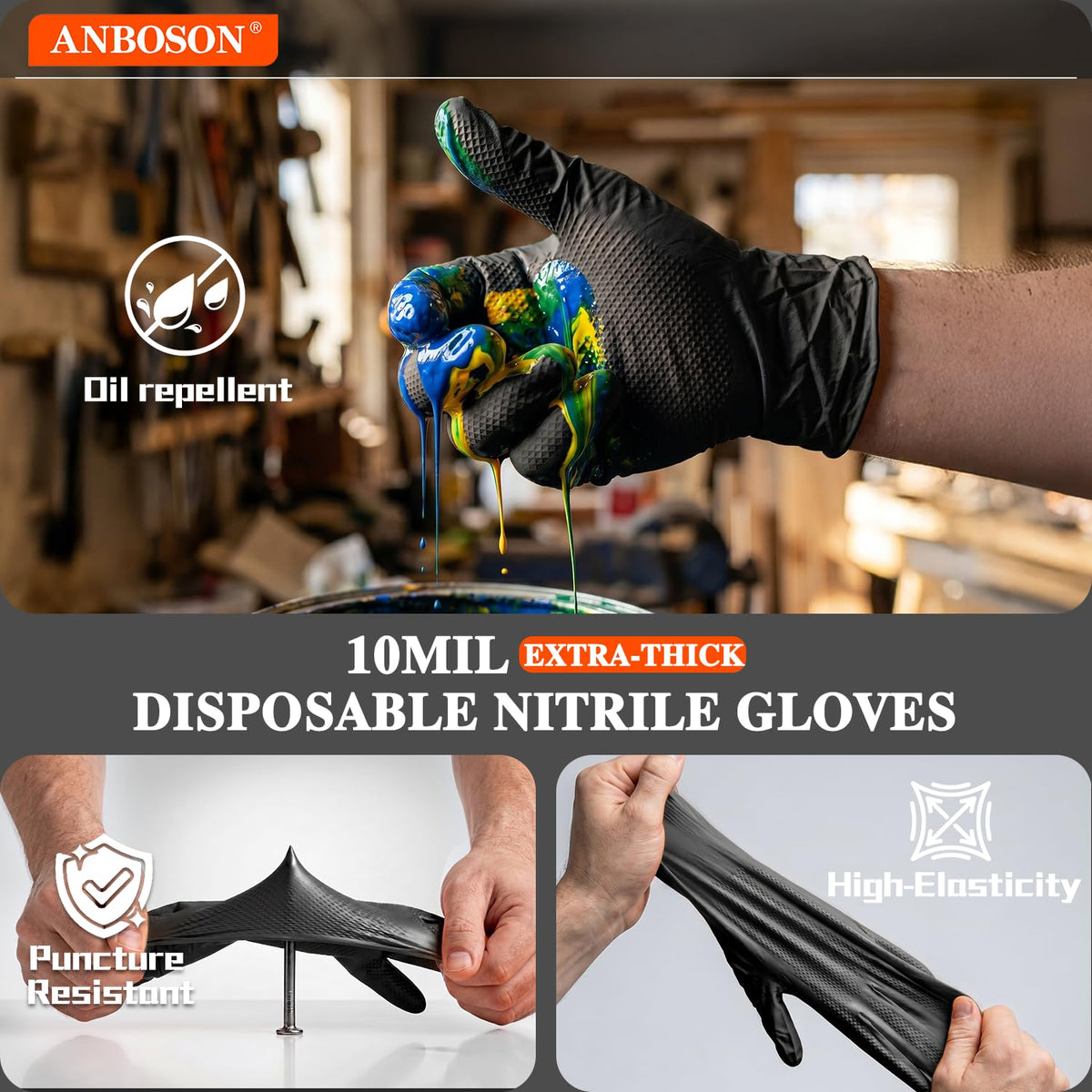 10 Mil Heavy Duty Mechanic Nitrile Gloves, Large Black 100 Count