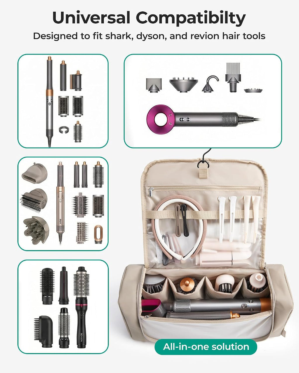 Hair Tool Organizer Travel Bag Compatible with Dyson Airwrap,Shark Hair Dryer, Wide-open Dyson Case with Heat