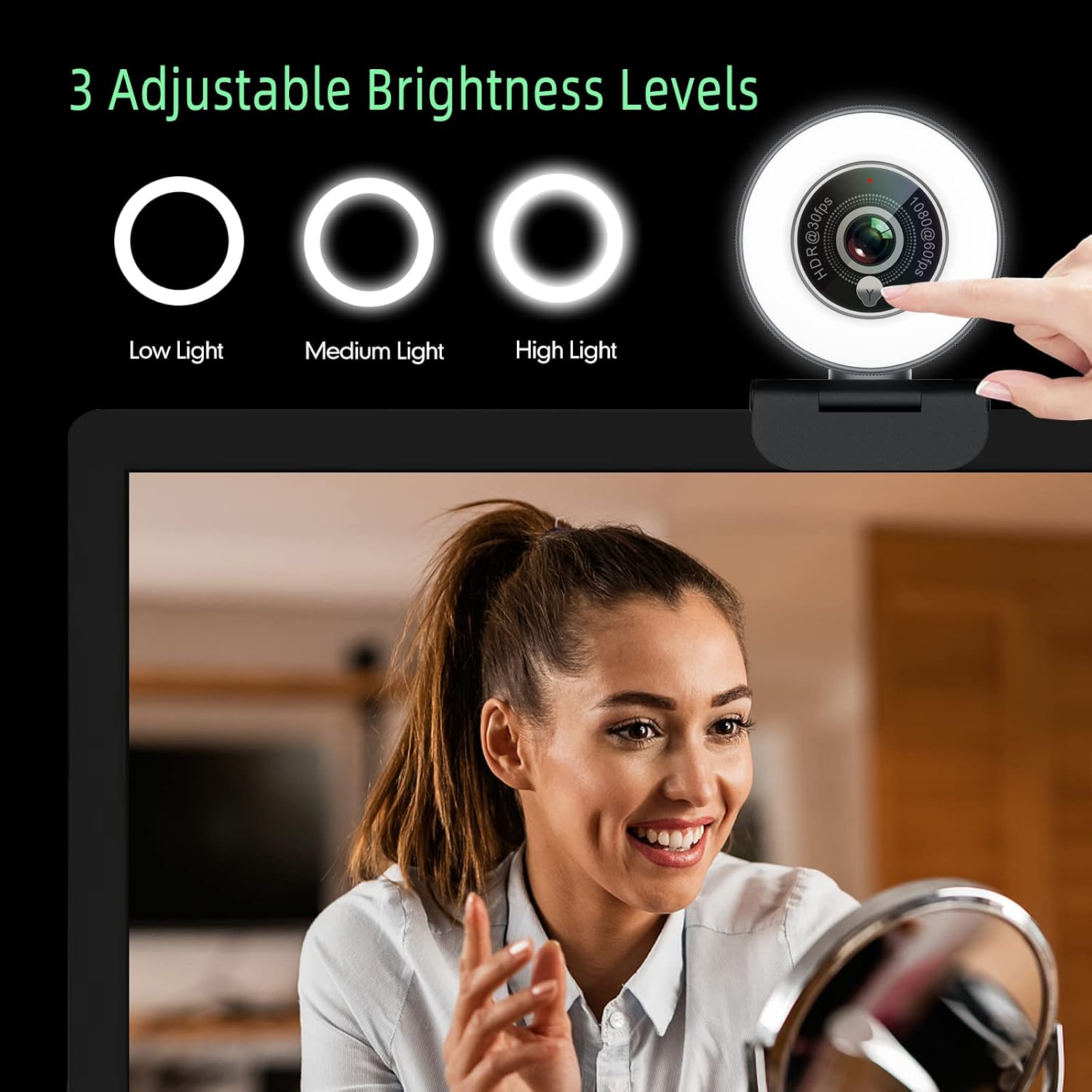 1080p Webcam with Ring Light for Streaming: USB 60FPS Web Camera with Microphone-HDR-Enabled-HD Auto Light Correction