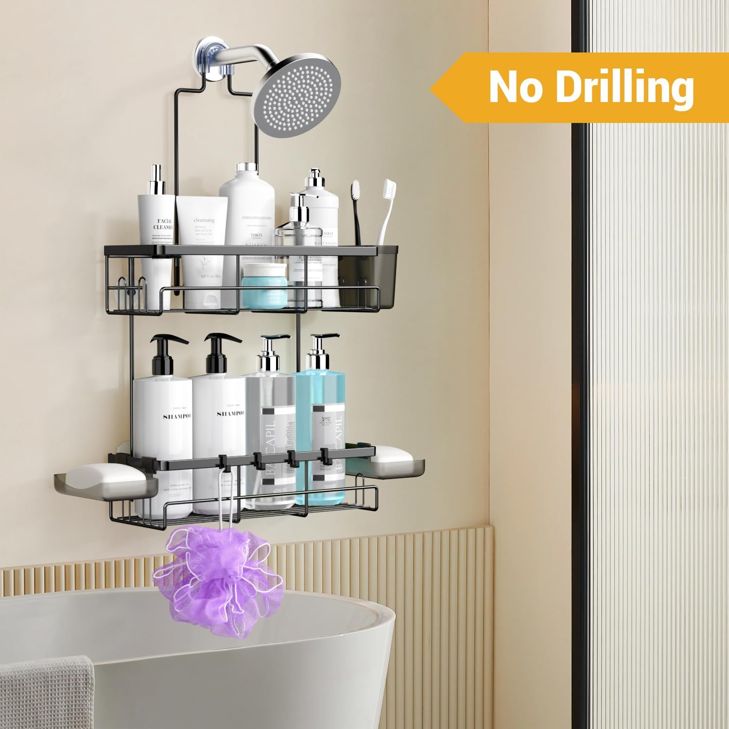 Hanging Shower Caddy Over Showerhead - Rustproof No Drill Shower Organizer | Includes Soap Holder and Hooks for