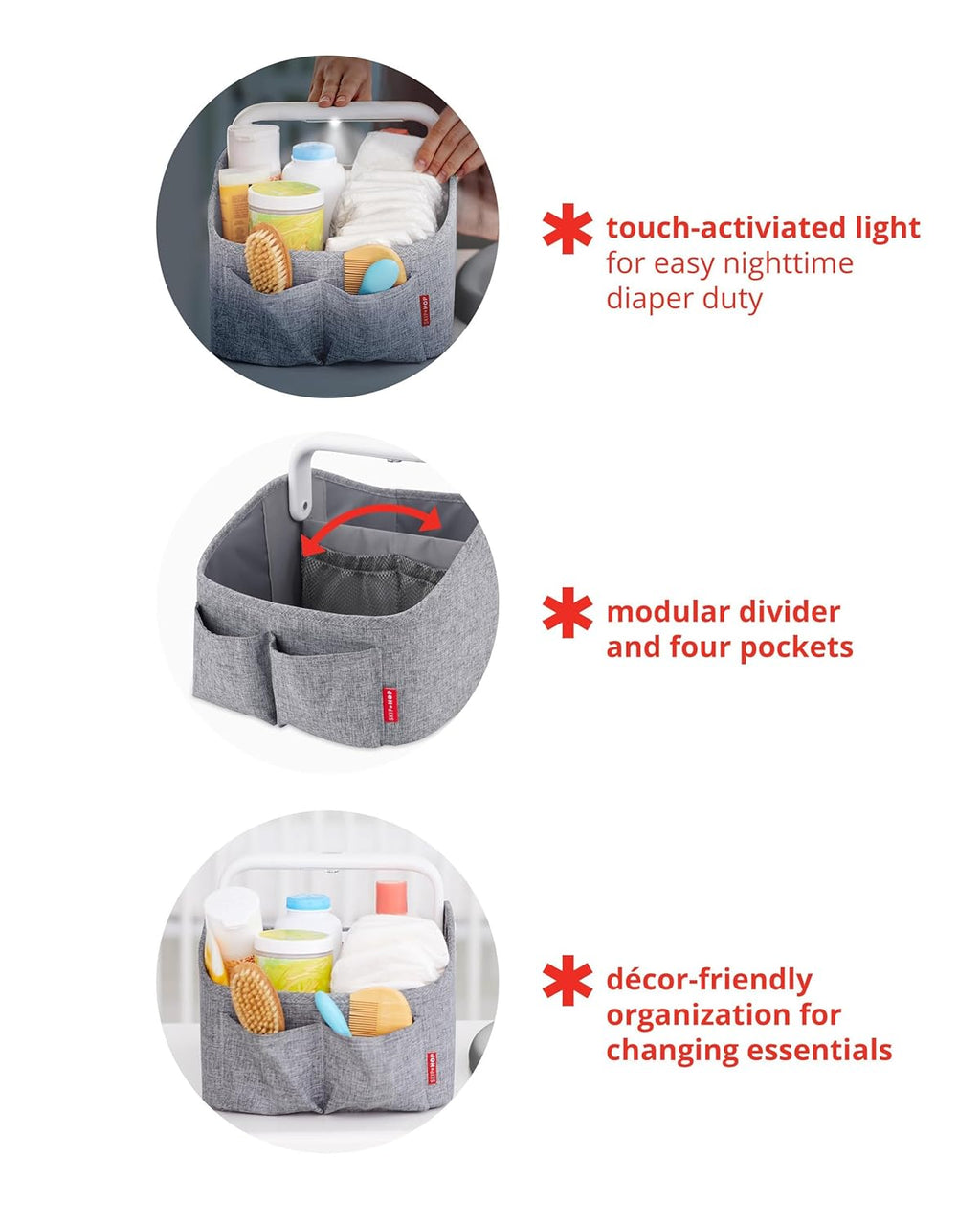 Diaper Caddy Organizer with Touch Sensor Night Light Nursery Style Heather Grey