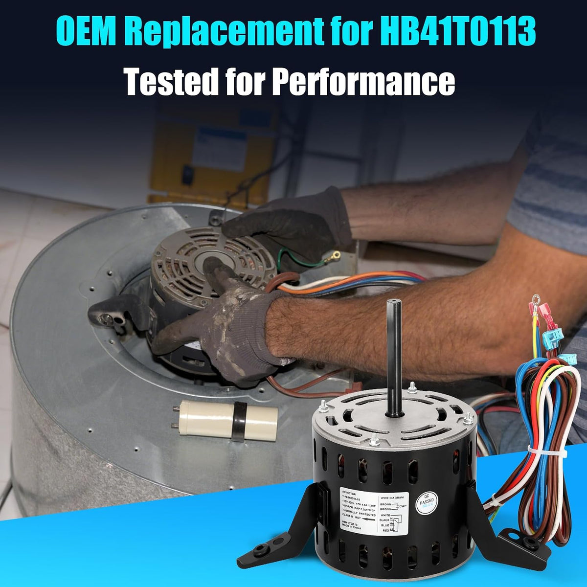 HB41TQ113 Furnace Blower Motor for Carrier, 1/3 HP 115V 1075 RPM, Capacitor