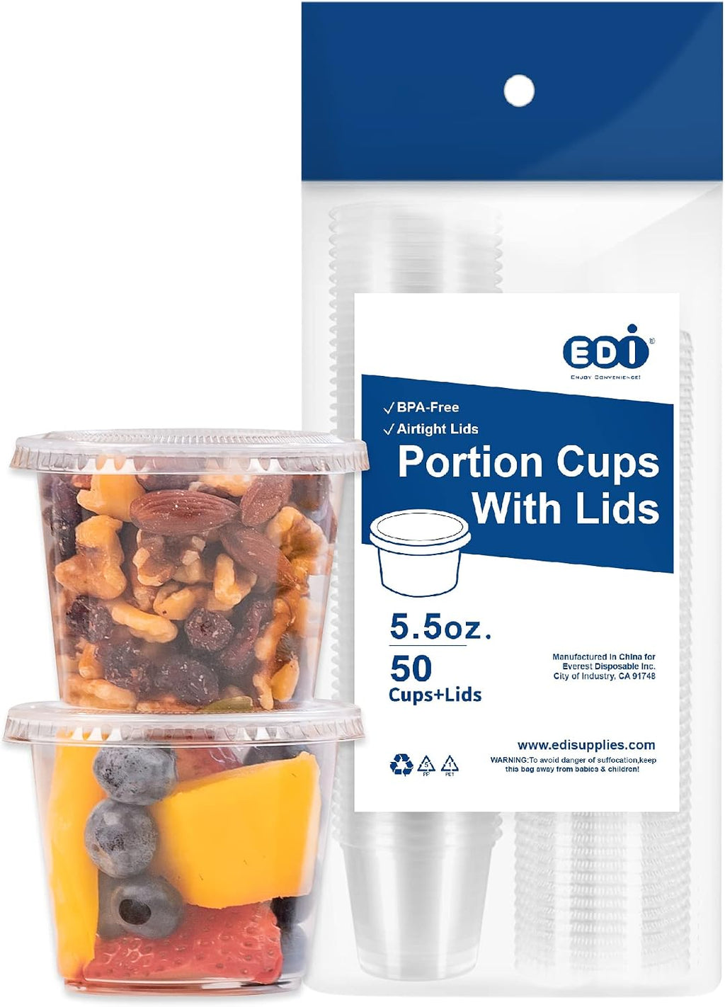 [5.5 OZ, 50 Sets] EDI Clear Disposable Plastic Portion Cups with Leakproof Lids | Jello Shot/Souffle Cups| Condiment