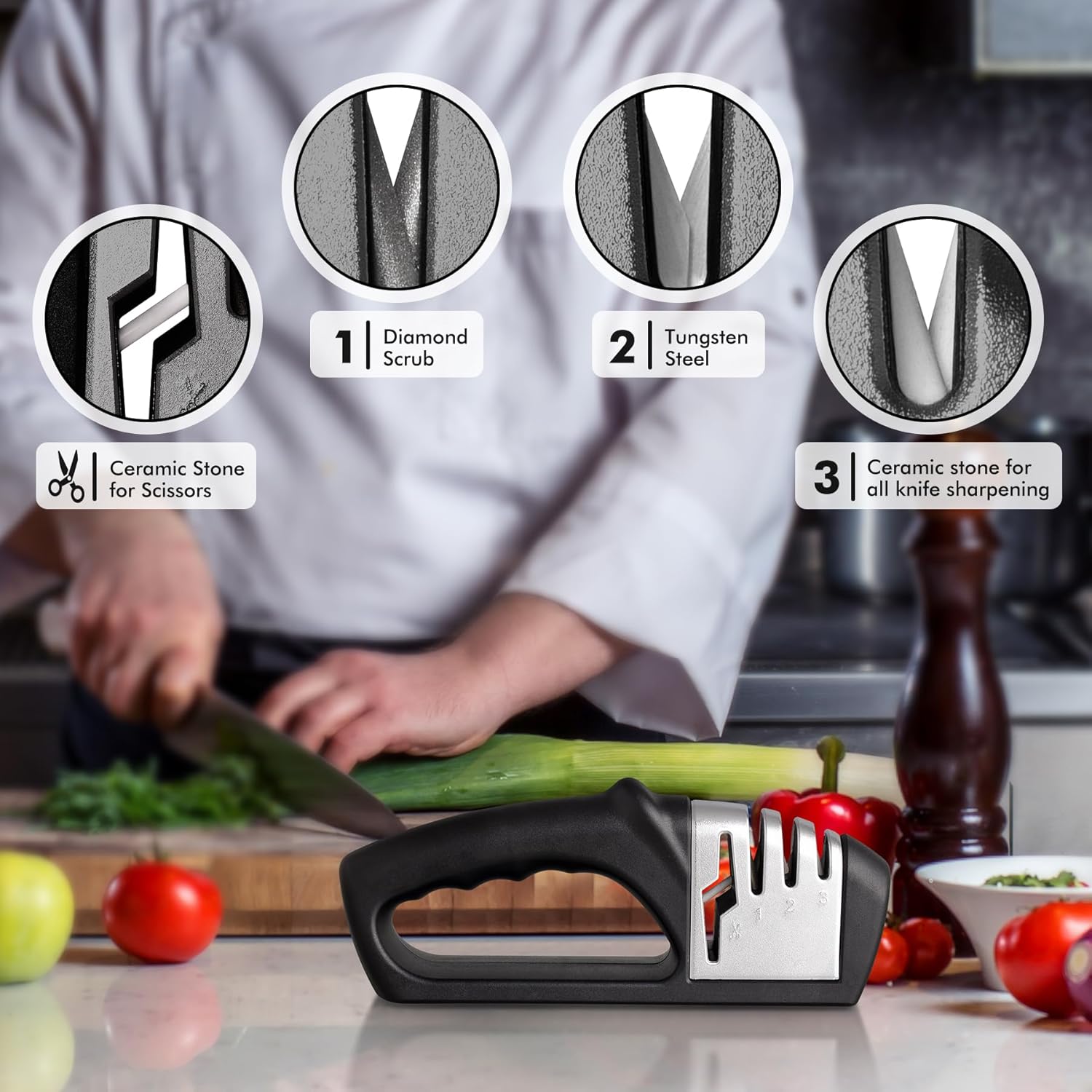 4in1 Knife Sharpener, 3 Stage Manual Sharpener for Sharpening Kitchen Knives 1 Stage for Scissors- Ceramic Stone