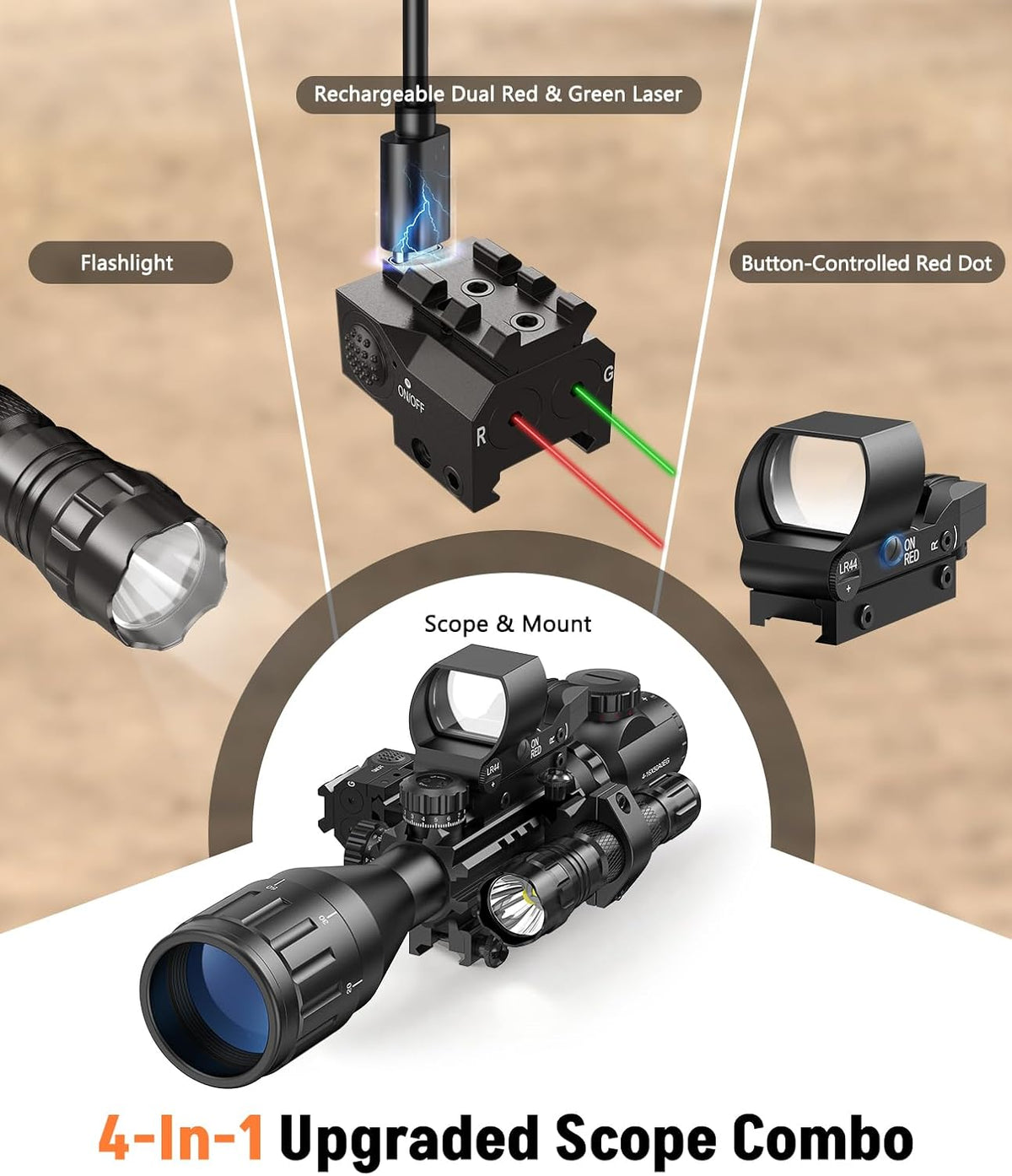 4-16x50 AO Scope Combo with Green/Red Dual Laser Sight, 5-in-1 Combo with Dual Illuminated Optics Scope & 4 Reticle