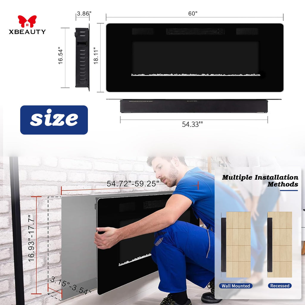 60 inch Electric Fireplace Recessed and Wall Mounted Insert