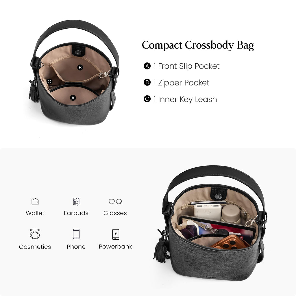 Genuine Leather Small Bucket Bag with Crossbody Strap Black Purses