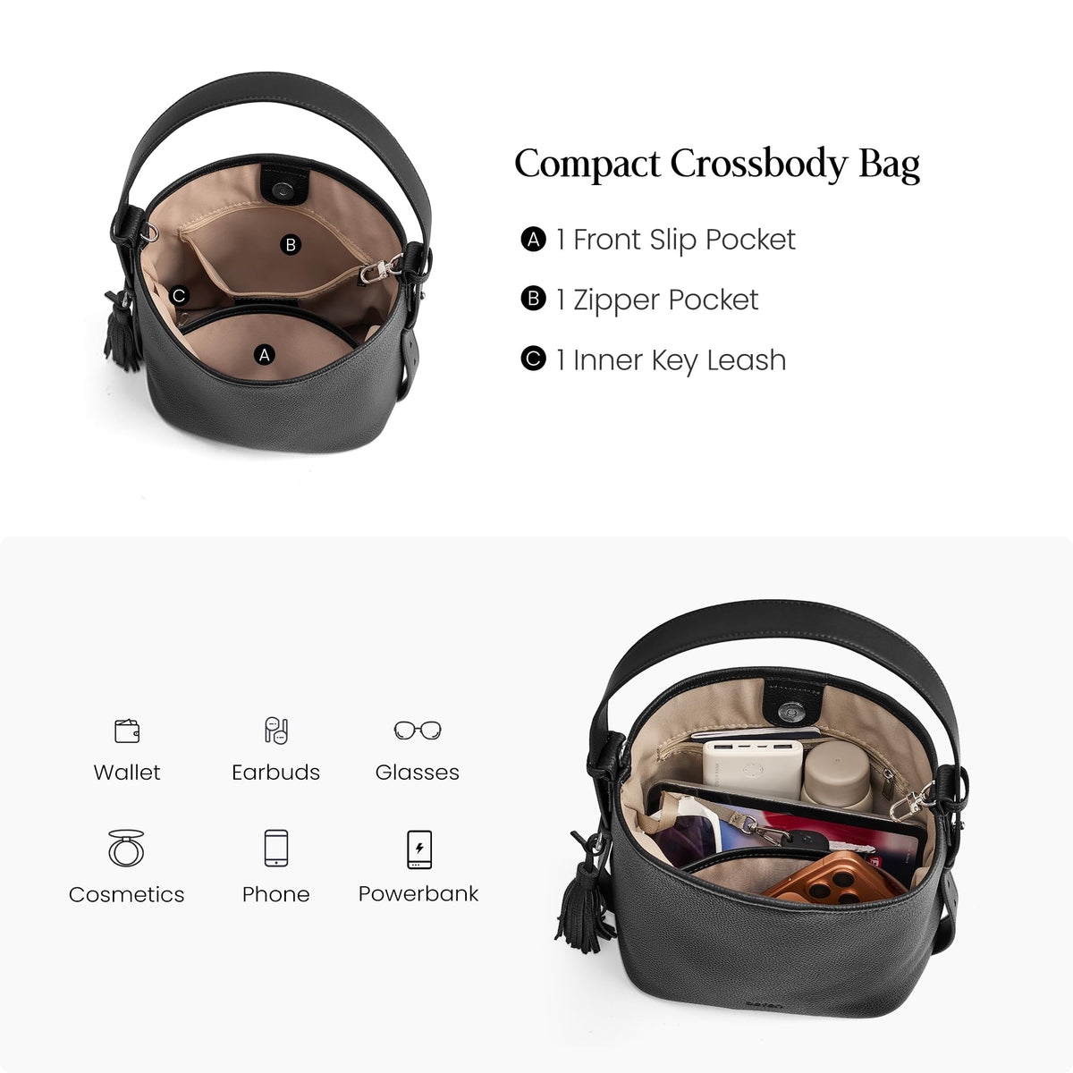 Genuine Leather Small Bucket Bag with Crossbody Strap Black Purses