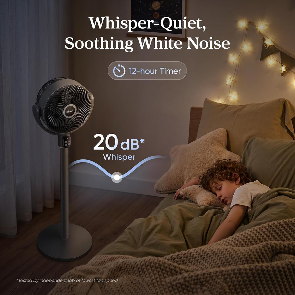 Smart Standing Fan for Bedroom, 90° Oscillating Fan, 1024CFM Airflow | 20dB Quiet, Pedestal Floor Fan with Dust