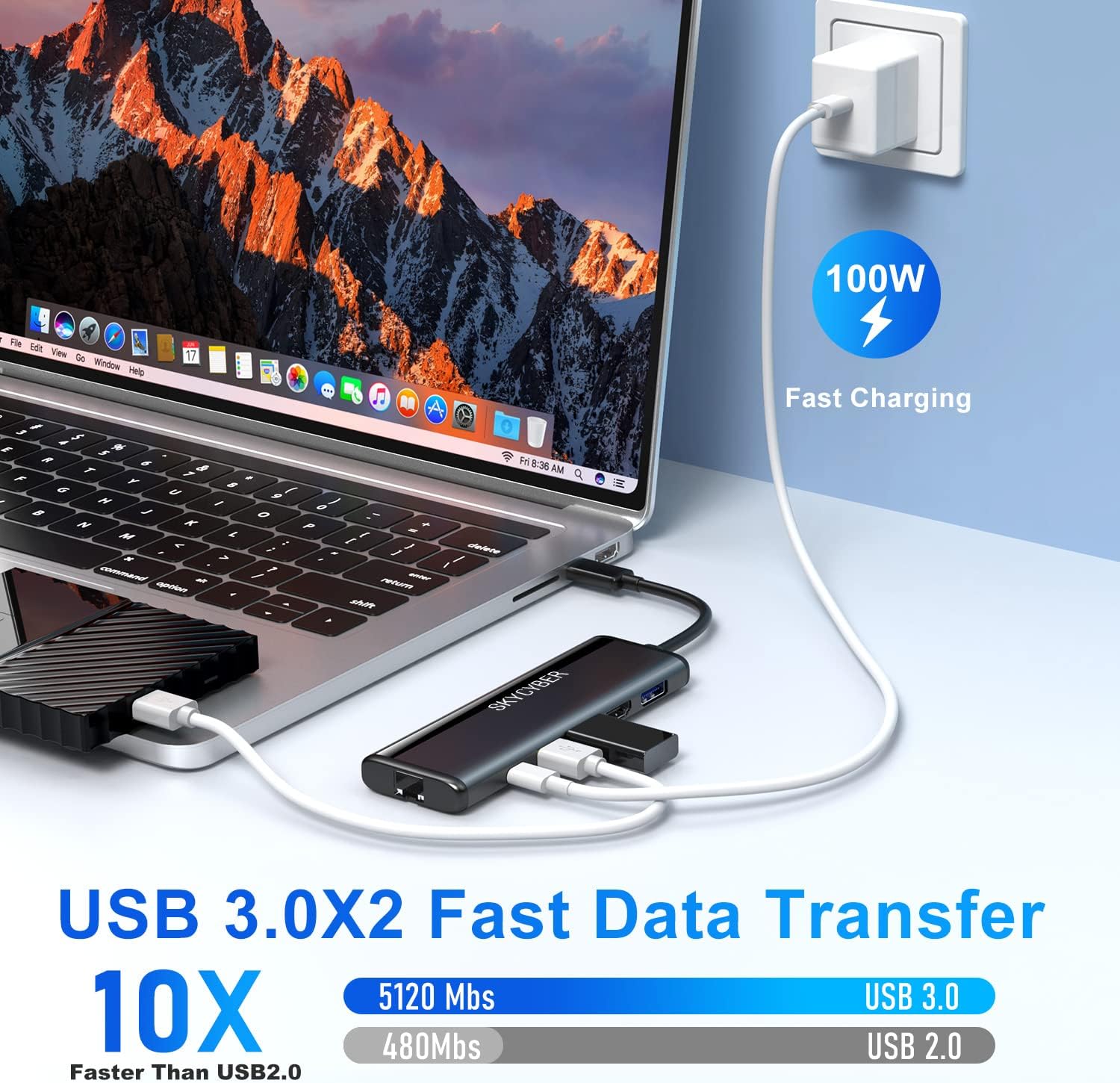 USB C Laptop Docking Station for Dual 4K Monitors or Single 8K Output, 8 in 1 USB C Hub with HDMI PD, Ethernet