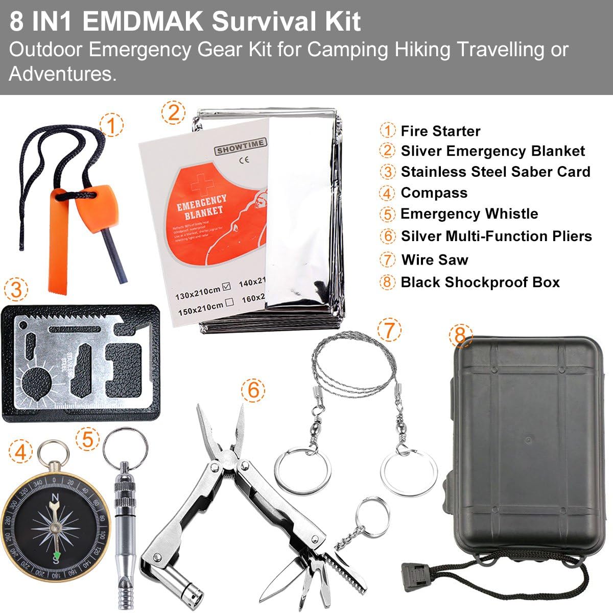 Survival Kit Outdoor Emergency Gear Kit for Camping Hiking Travelling or Adventures (Black)