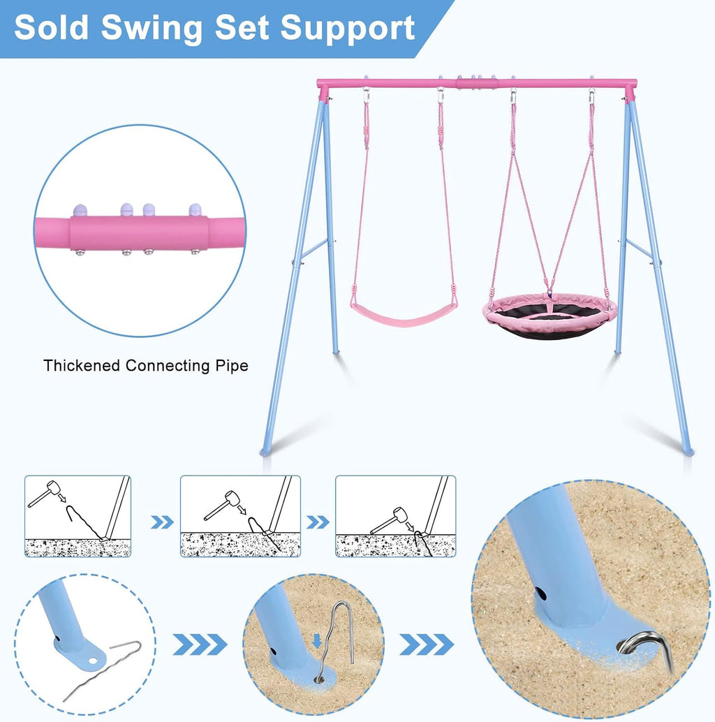 Swing Set, 440lbs, Heavy-Duty A-Frame Metal Outdoor SwingStand, 1 Saucer & 1 Belt Swing seat for Playground, Backyard