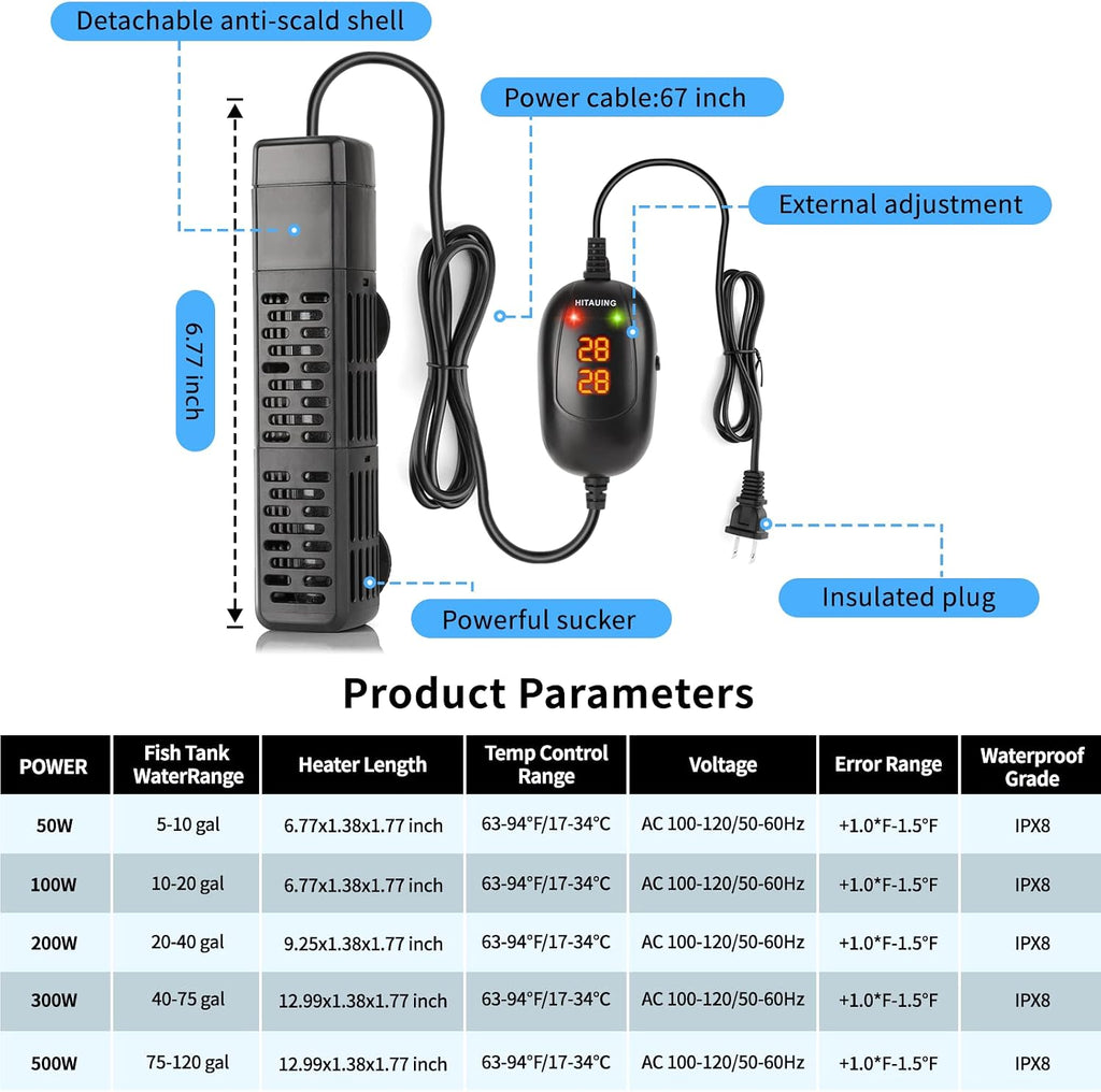 Aquarium Heater, 50W/100W/200W/300W/500W Submersible Fish Tank Heater with Over-Temperature Protection and Automatic