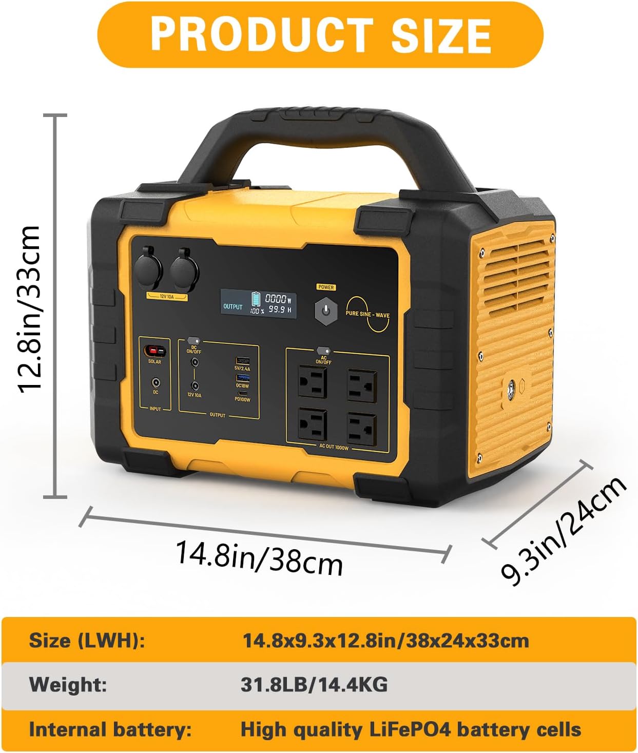 1000W Portable Power Station 1024Wh LiFePO4 for Outdoor & Home | Solar Generator (2000W Peak) Backup Battery, 60W