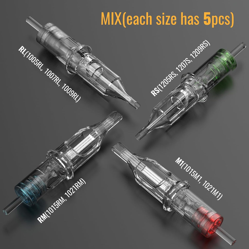 50Pcs Tattoo Needles Long Taper Assorted Disposable Tattoo Cartridge Needles Mixed 5RL 7RL 9RL 5RS 7RS 9RS 15M1 21M1