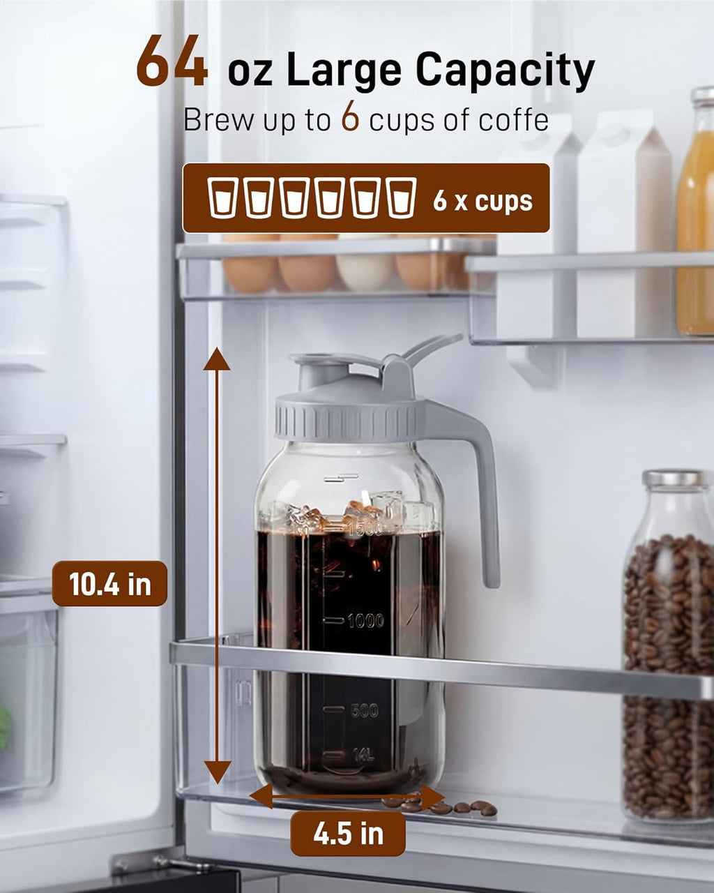 64 oz Cold Brew Coffee Maker, Mason Jar Pitcher with Stainless Steel Filter | Airtight, Leak Proof, 100 Micron Weave