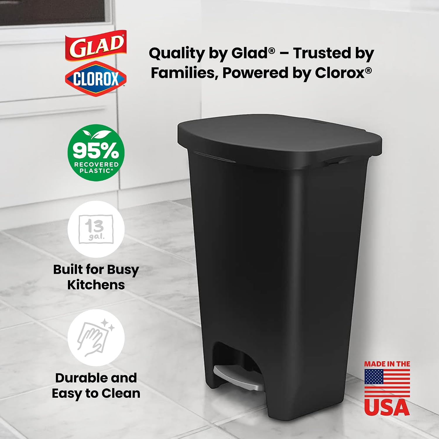 Kitchen Trash Can with Lid, Foot Pedal and Garbage Bag Rings, 13 Gal, Black
