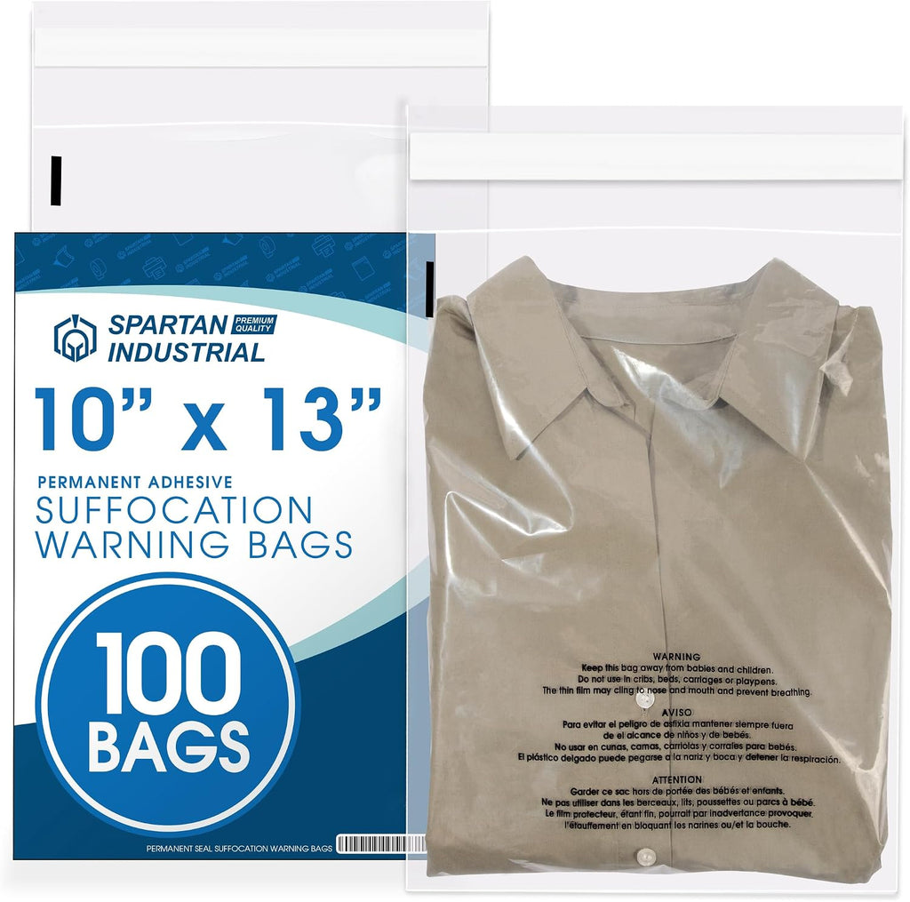 10” X 13” (100 Count) Self Seal Clear Poly Bags with Suffocation Warning
