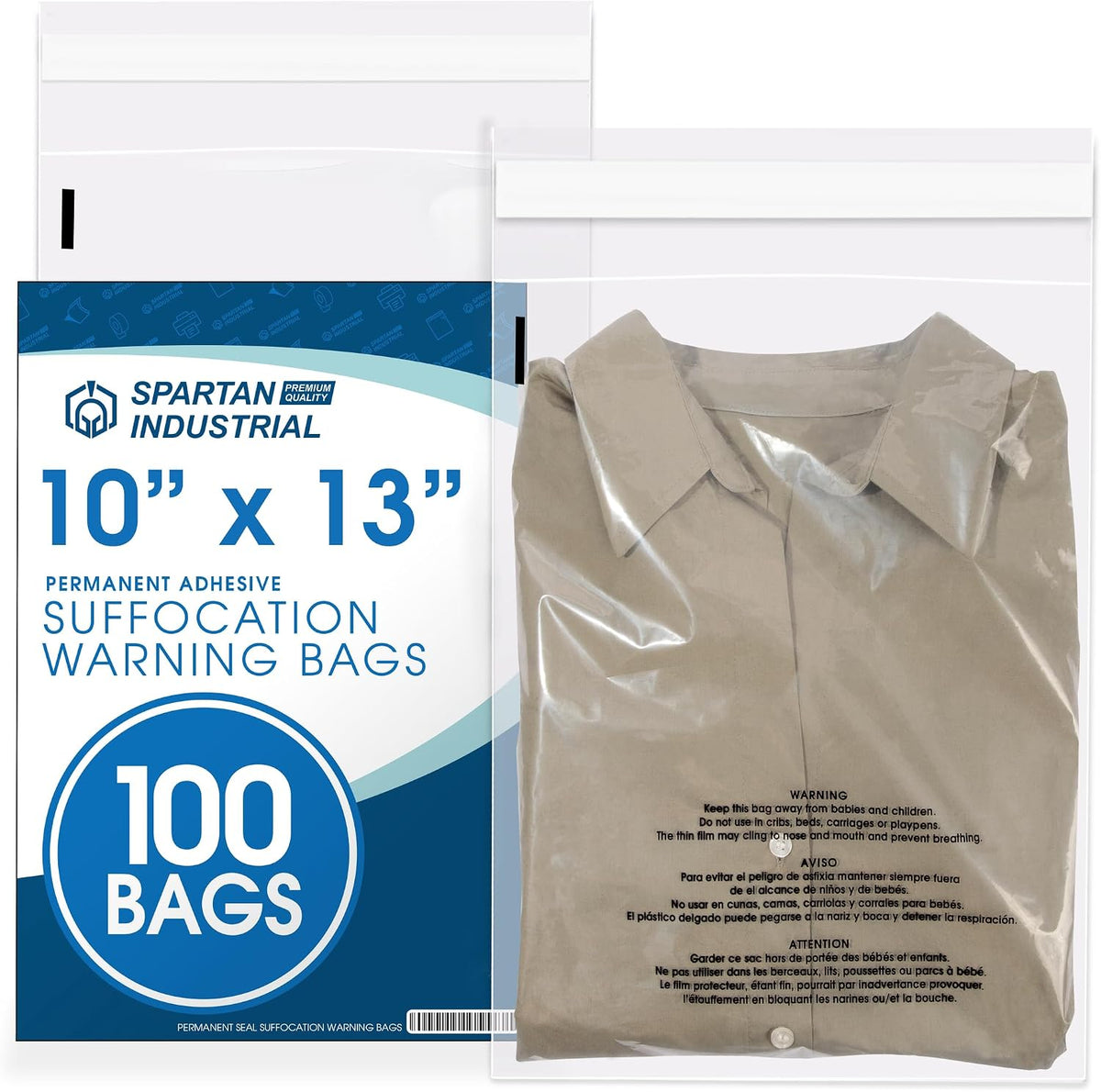 10” X 13” (100 Count) Self Seal Clear Poly Bags with Suffocation Warning