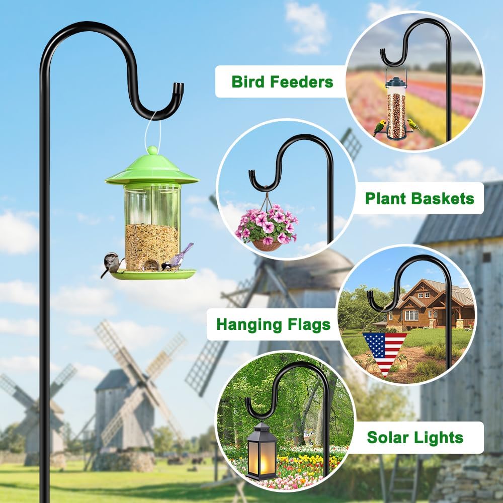96" Shepherds Hooks for Outdoor, Heavy Duty Garden Bird Feeder Pole Hanging Bird Feeder, Solar Light Lanterns
