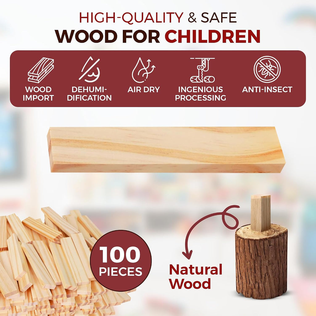 OWT Wooden Building Planks for Kids | 100 Piece STEM Construction Blocks Set for Creative Play | Educational Wood