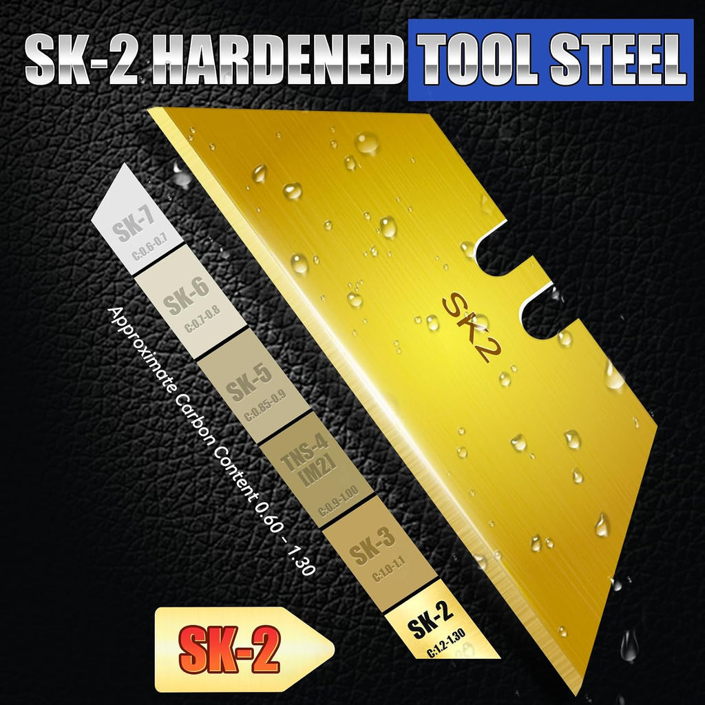 100 Pack Razor Blades, SK2 Steel Utility Knife Blade Refills, Gold