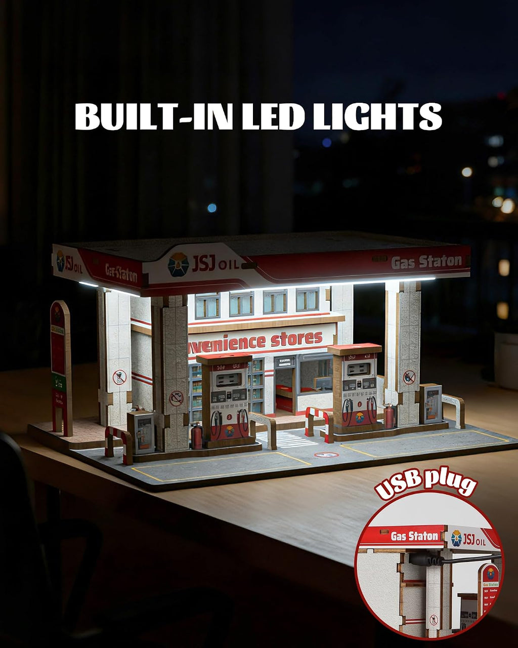 1/64 Wooden Diorama Display for Hot Wheels with LED, Holds 2 Cars | Diecast Model Car Garage for Hot Wheel Matchbox