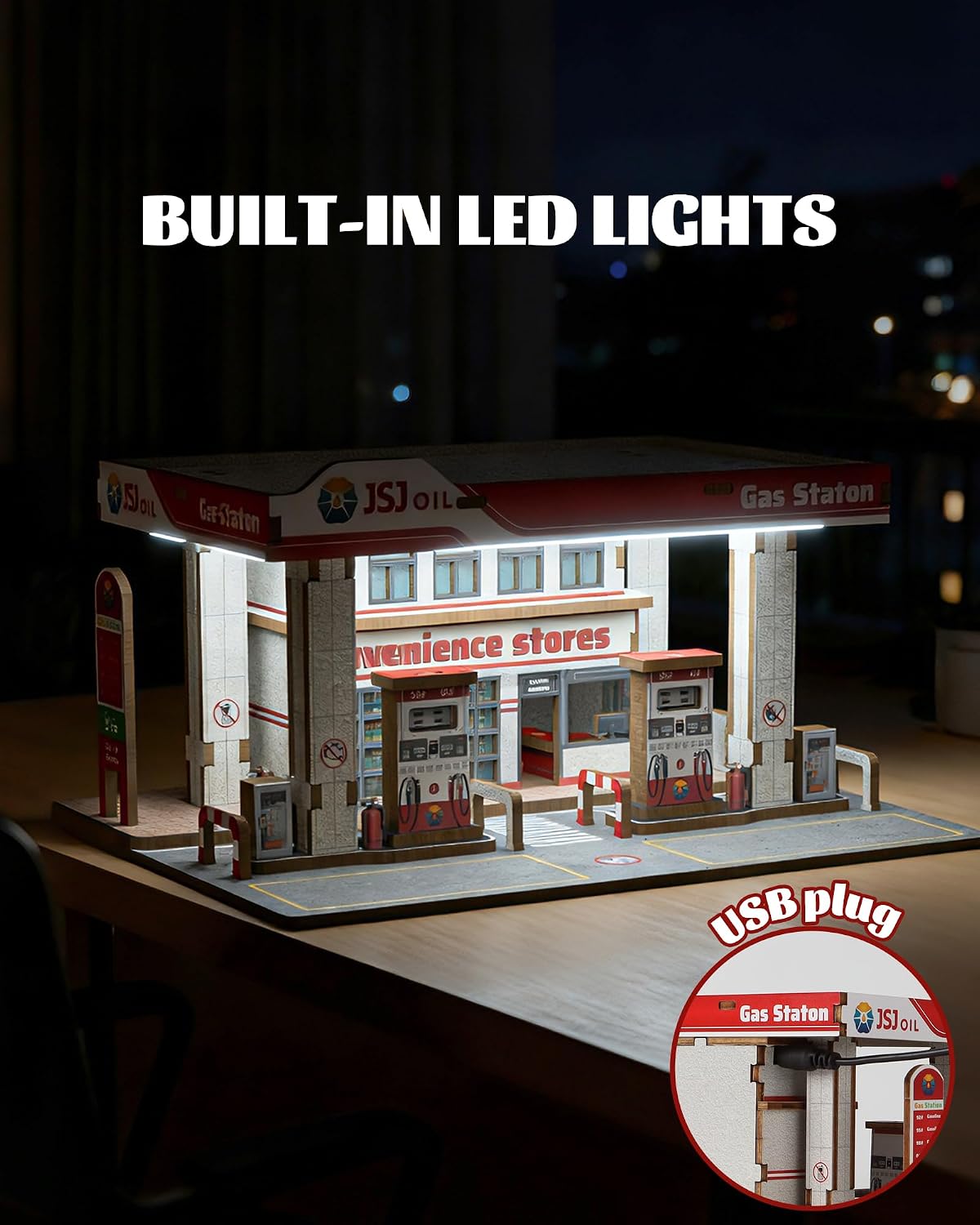 1/64 Wooden Diorama Display for Hot Wheels with LED, Holds 2 Cars | Diecast Model Car Garage for Hot Wheel Matchbox