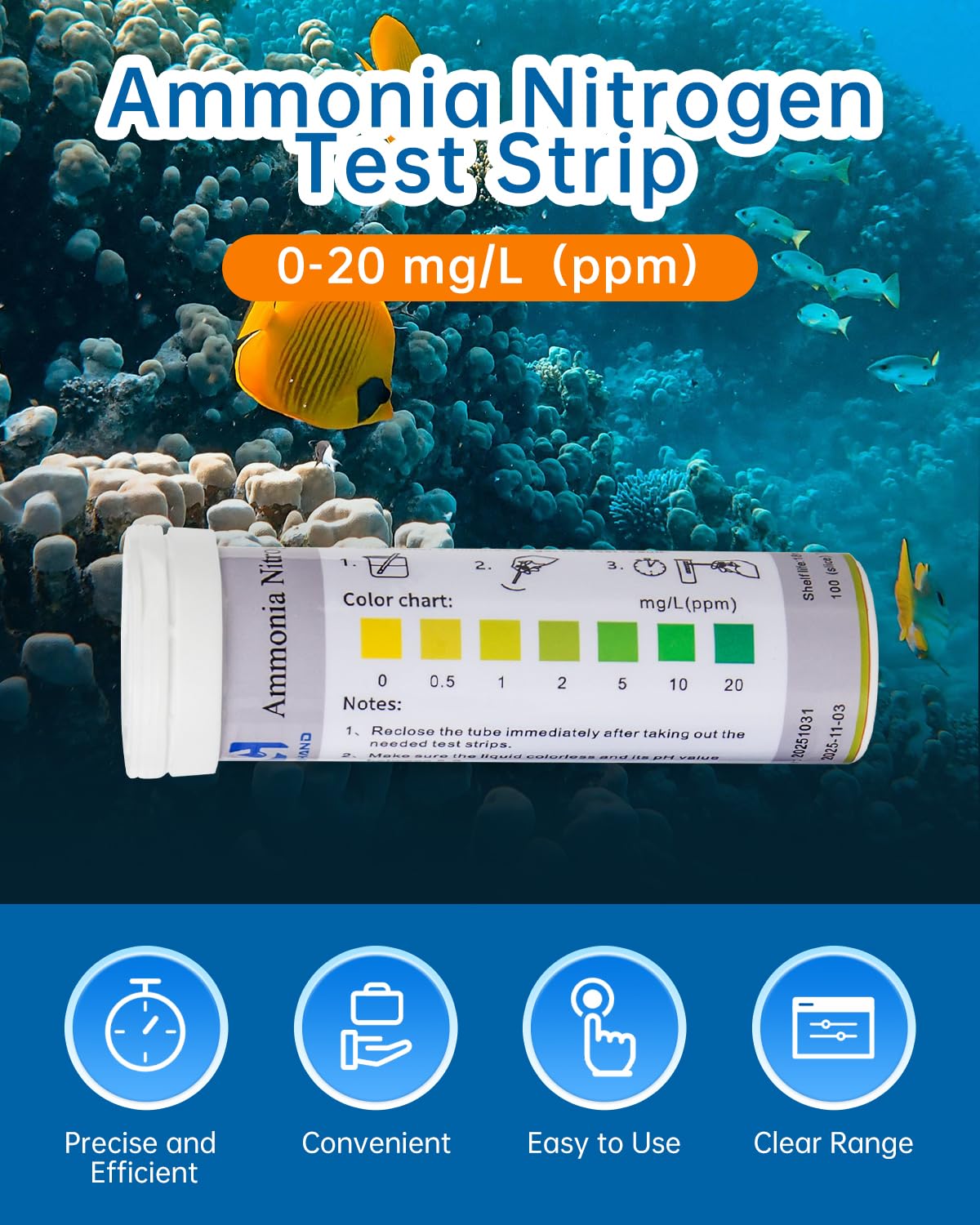 Aquarium Ammonia Nitrogen Test Strips, 100 Strips, 0-20 ppm Range | Accurate Readings, Professional Aquarium Test