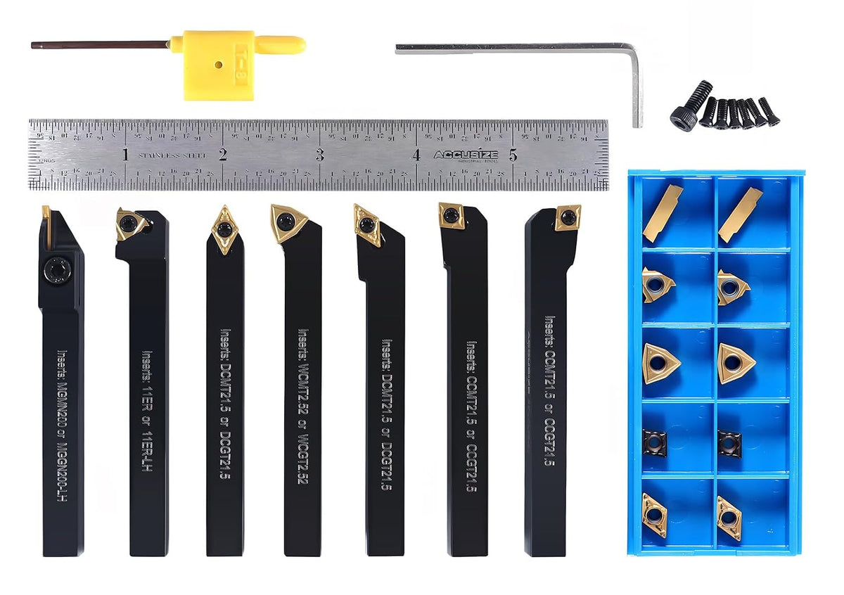 Accusize Industrial Tools 7 Pieces/Set 3/8'' Indexable Carbide Turning Tool Set with 10 Extra Carbide Inserts in Fitted Box, 2387-2003plus