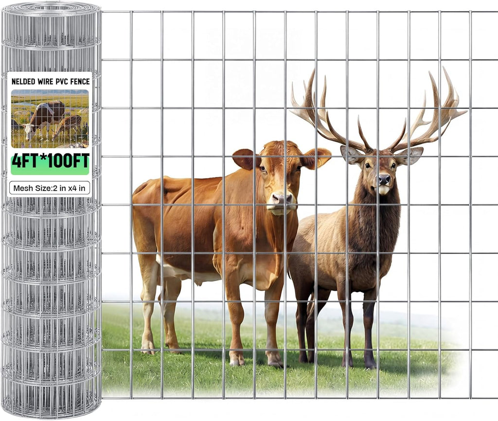 48in X 100 ft Welded Wire Fence, 2 Inch x 4 Inch 16 Ga, Silver