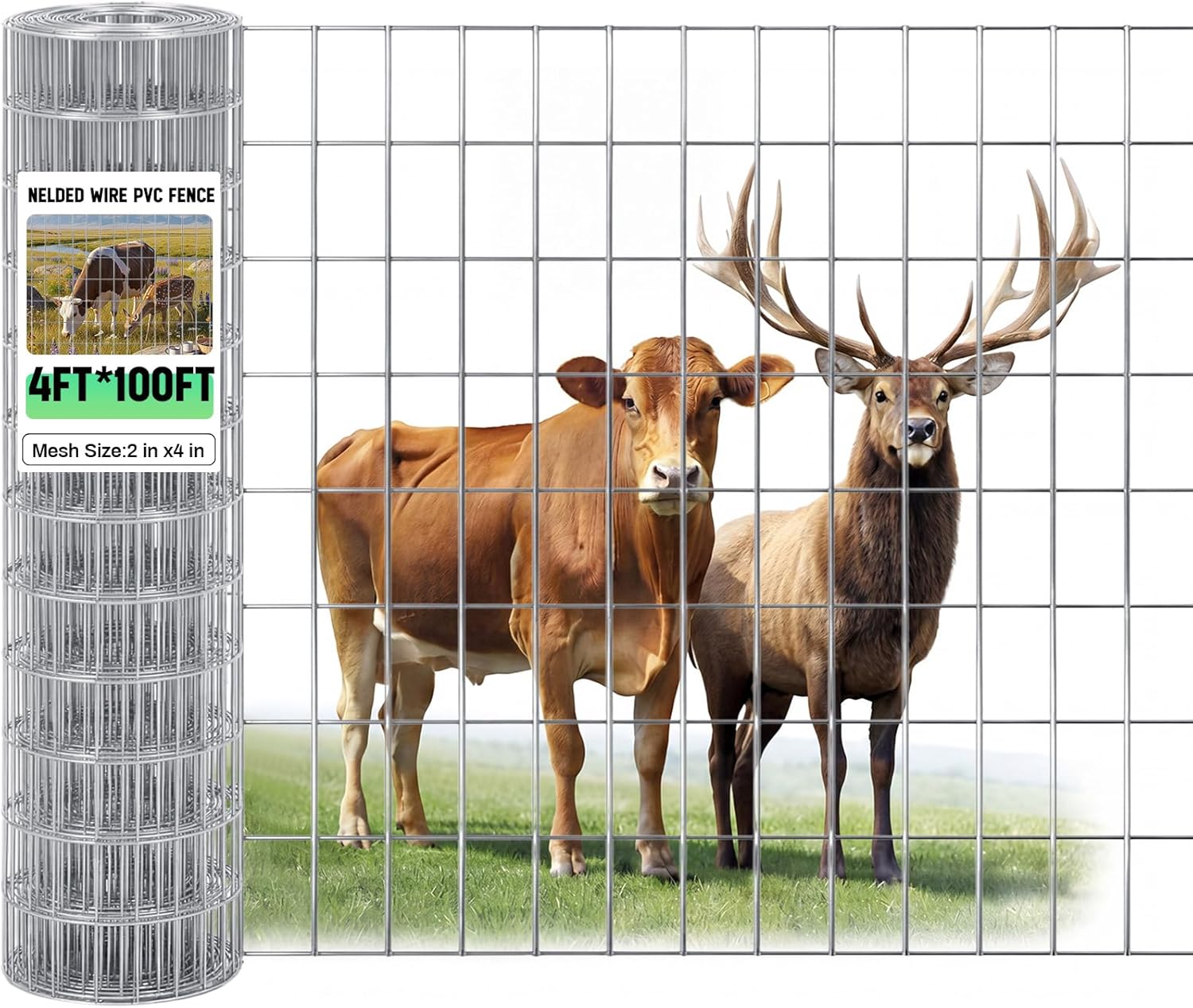 48in X 100 ft Welded Wire Fence, 2 Inch x 4 Inch 16 Ga, Silver