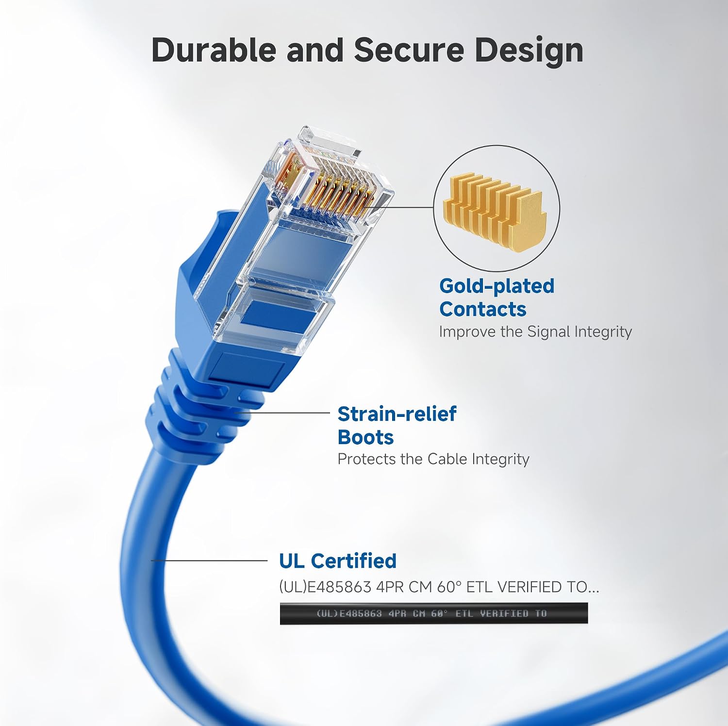 10Gbps Snagless Cat 6 Ethernet Cable, 50ft, Blue | 24 AWG Bare Copper, Gold-Plated RJ45, PoE++, 550MHz Bandwidth
