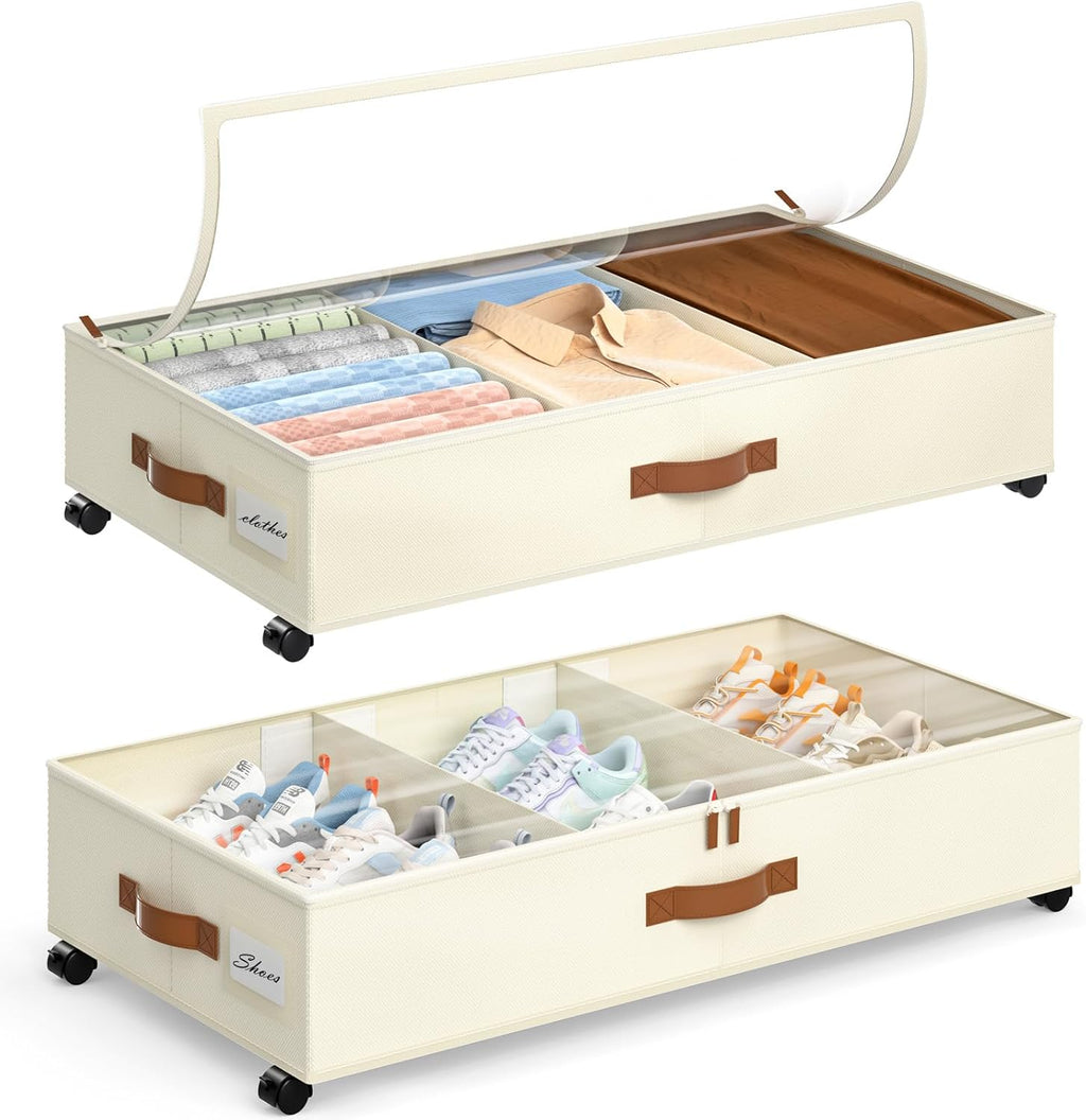 Under Bed Storage with Wheels, 2 Pack Under Bed Storage Containers with Adjustable Dividers & Clear Lid, Rolling