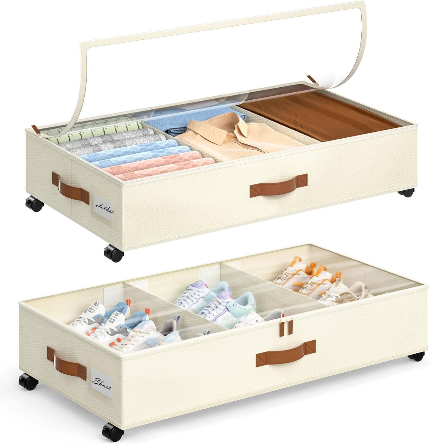 Under Bed Storage with Wheels, 2 Pack Under Bed Storage Containers with Adjustable Dividers & Clear Lid, Rolling