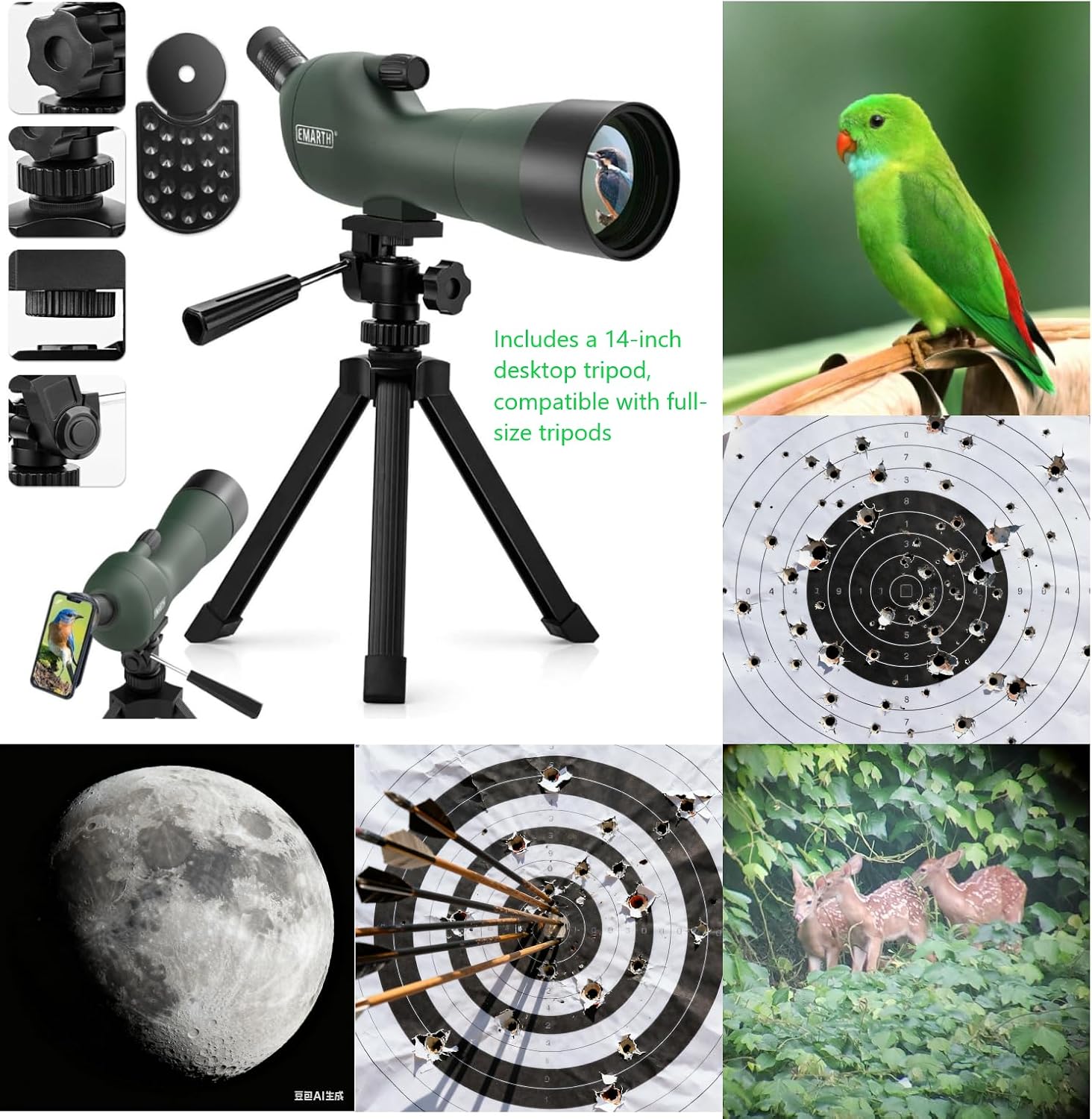 20-60x60 Angled Spotting Scope for Target Shooting, Spotting Scope w/Tripod 14" Tabletop/Carry Bag, 1.37lb Light